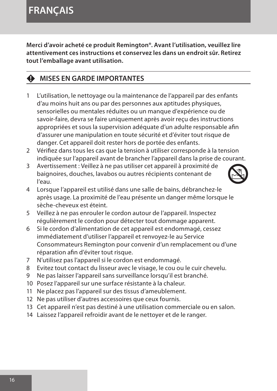 Français | Remington S9600 User Manual | Page 16 / 92