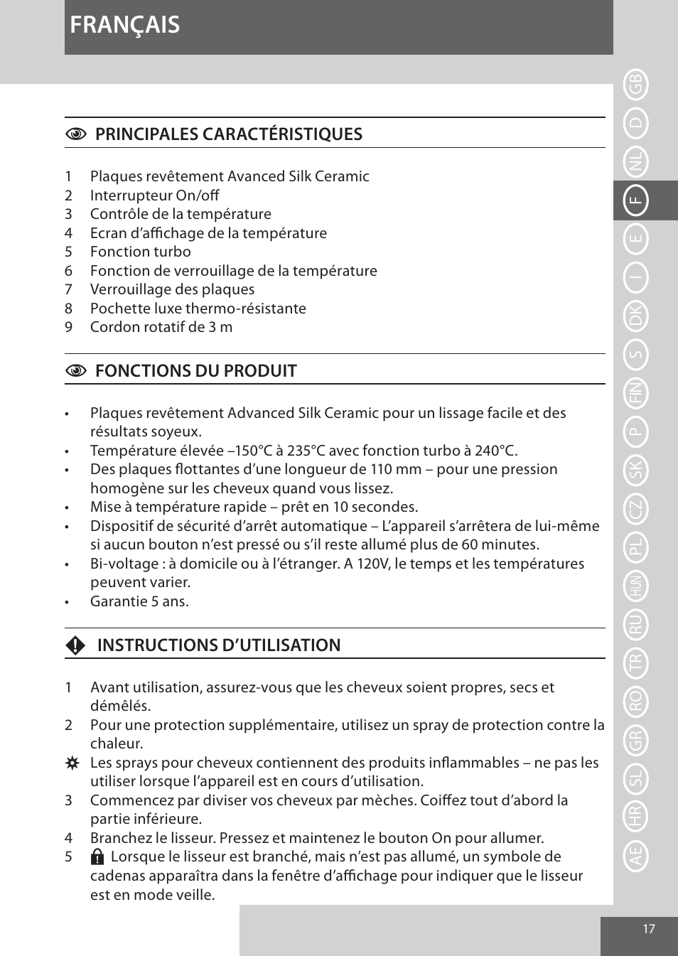 Français | Remington S9600 User Manual | Page 17 / 92