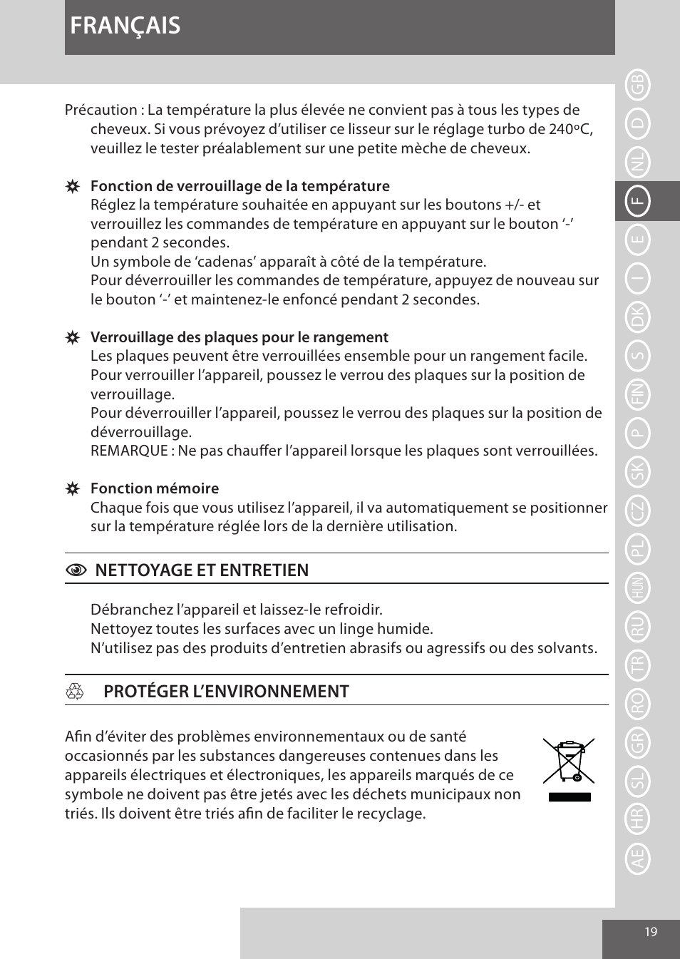 Français | Remington S9600 User Manual | Page 19 / 92