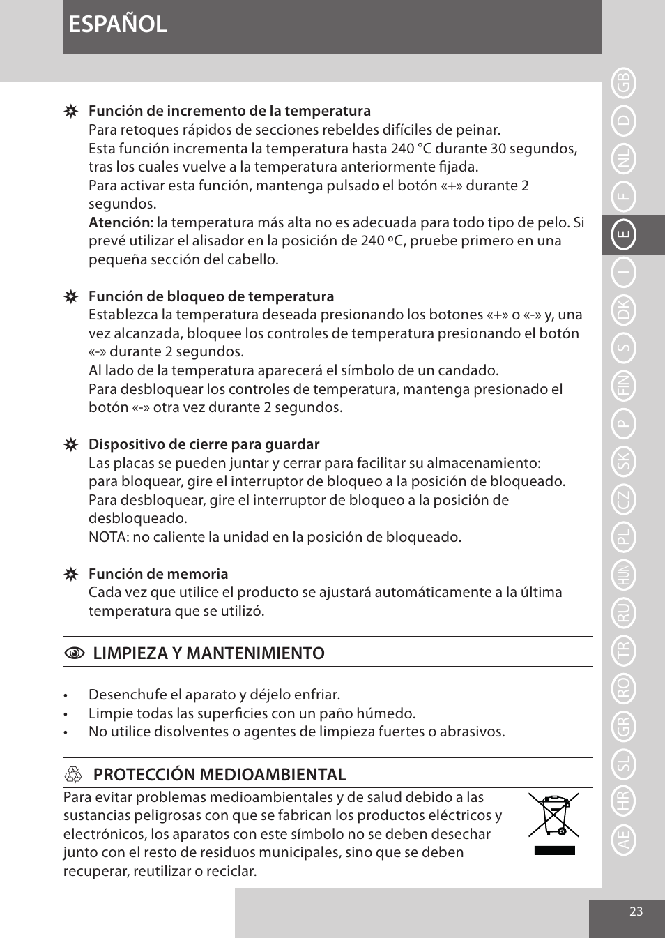 Español | Remington S9600 User Manual | Page 23 / 92