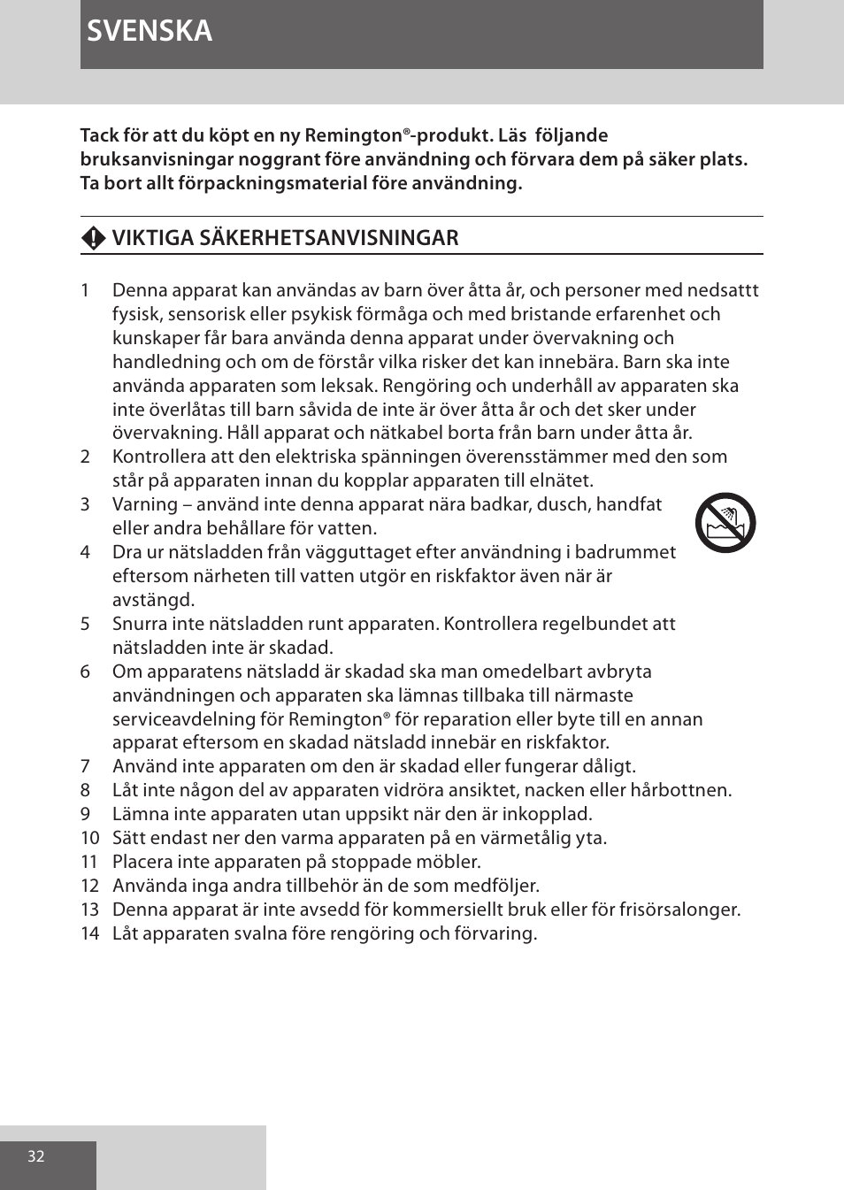 Svenska | Remington S9600 User Manual | Page 32 / 92