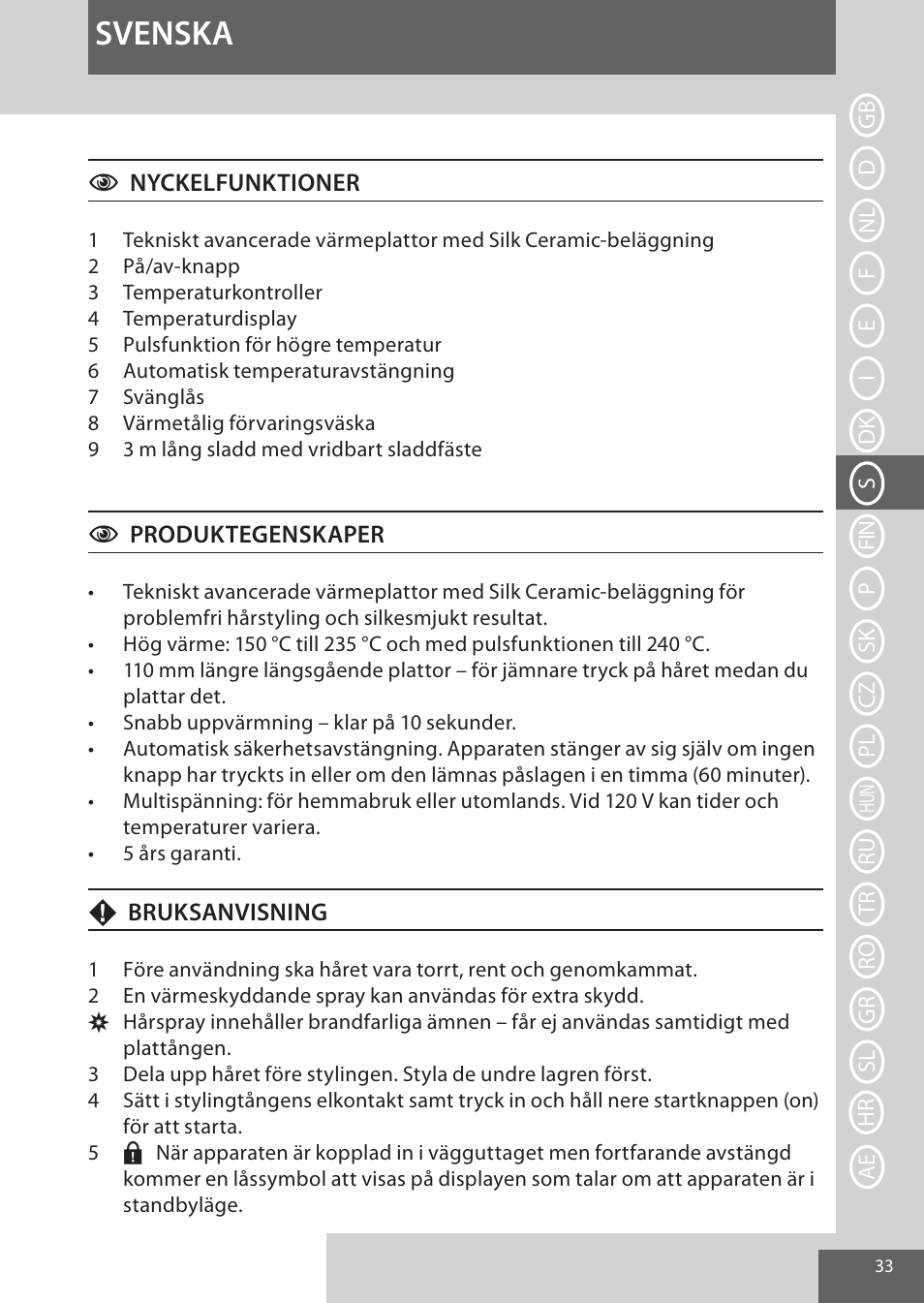 Svenska | Remington S9600 User Manual | Page 33 / 92