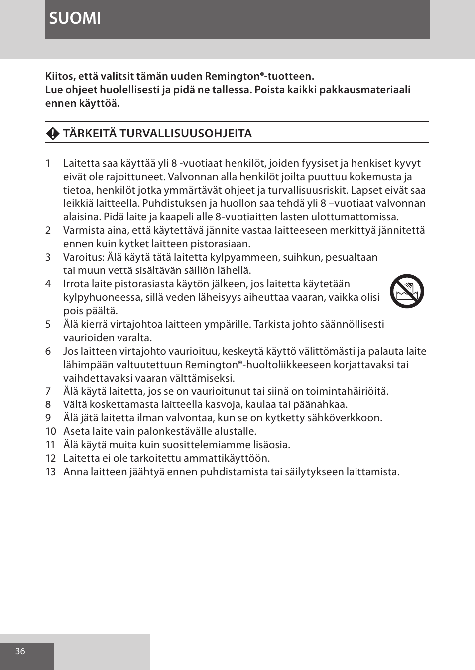 Suomi | Remington S9600 User Manual | Page 36 / 92