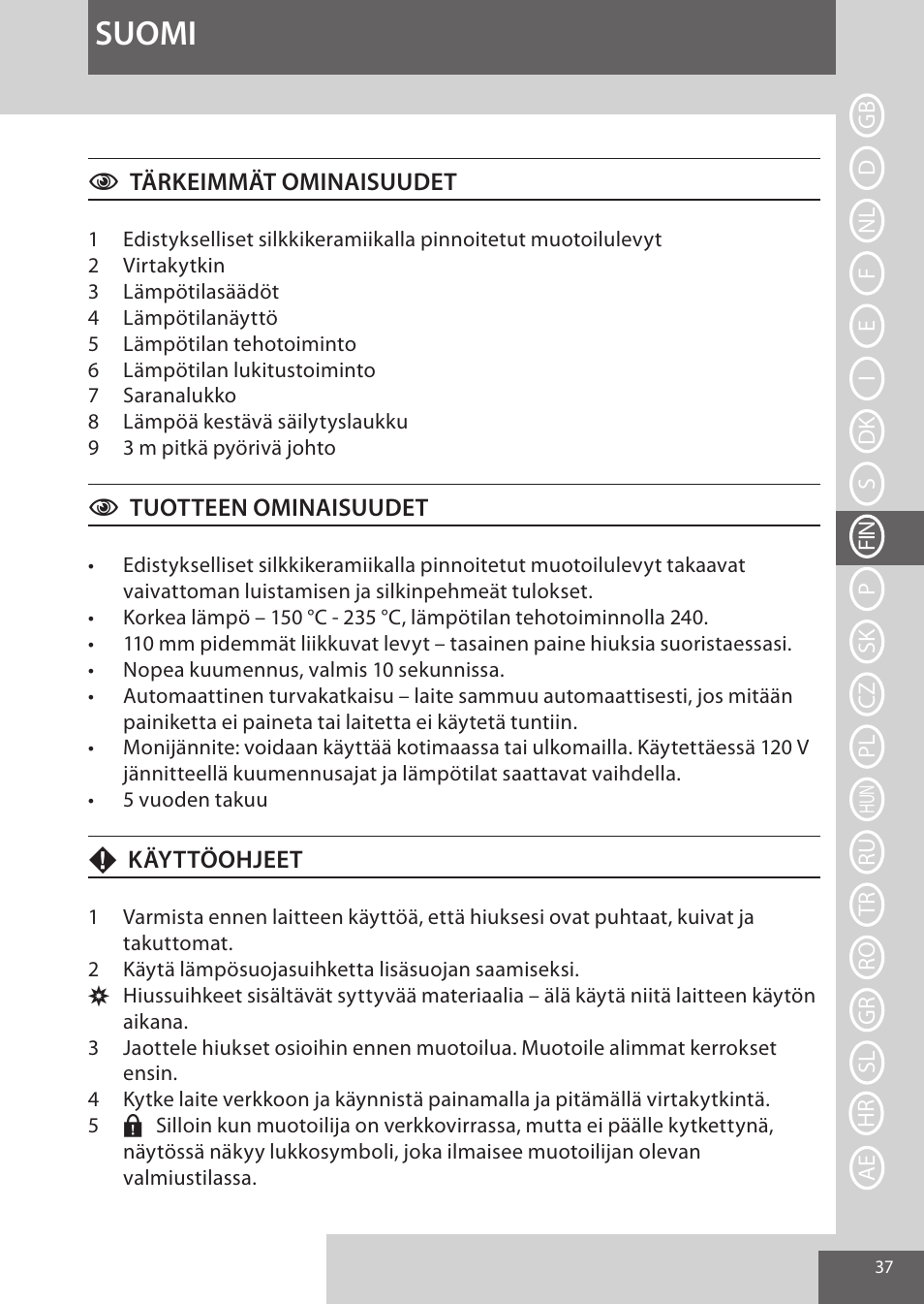 Suomi | Remington S9600 User Manual | Page 37 / 92