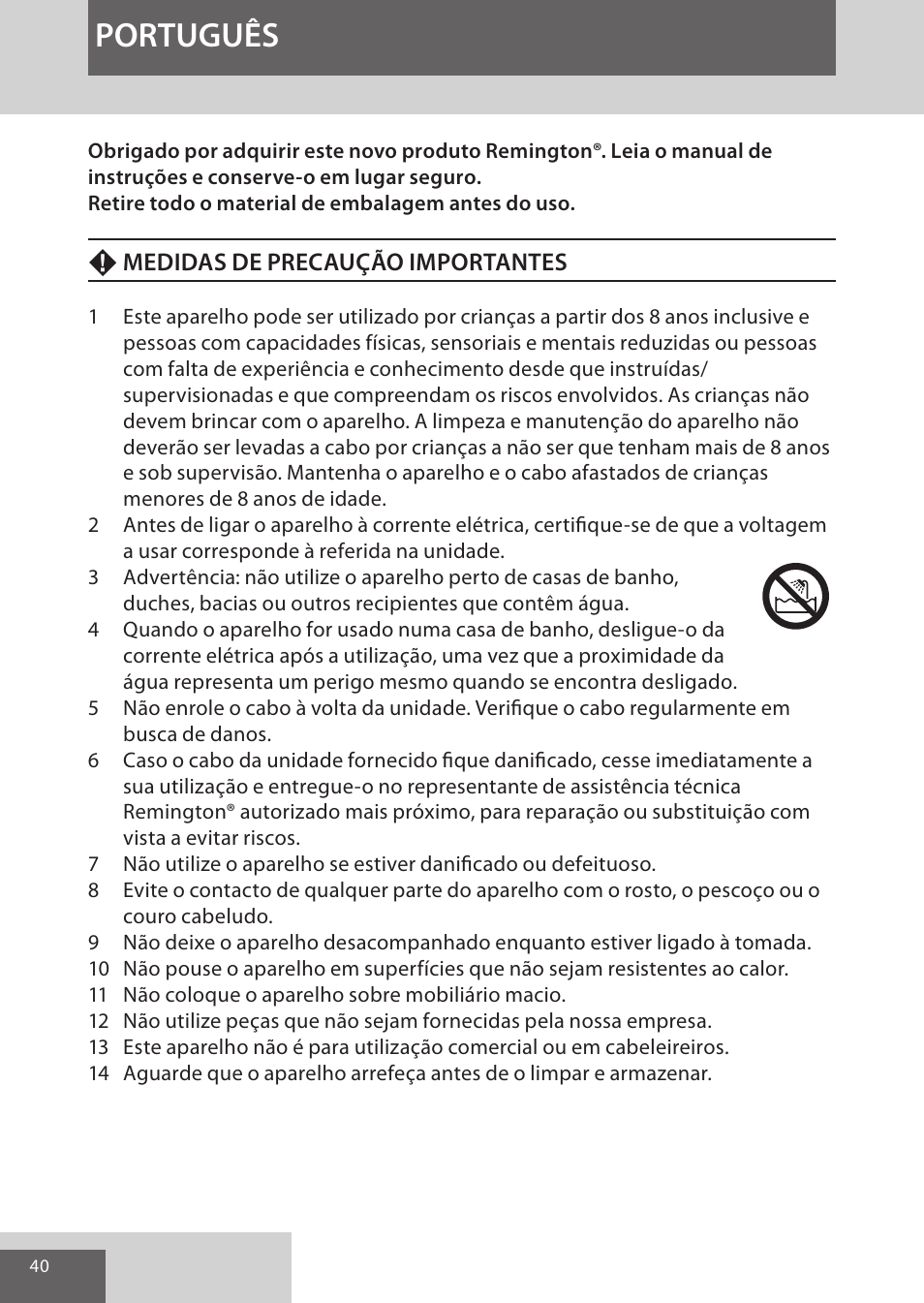 Português | Remington S9600 User Manual | Page 40 / 92