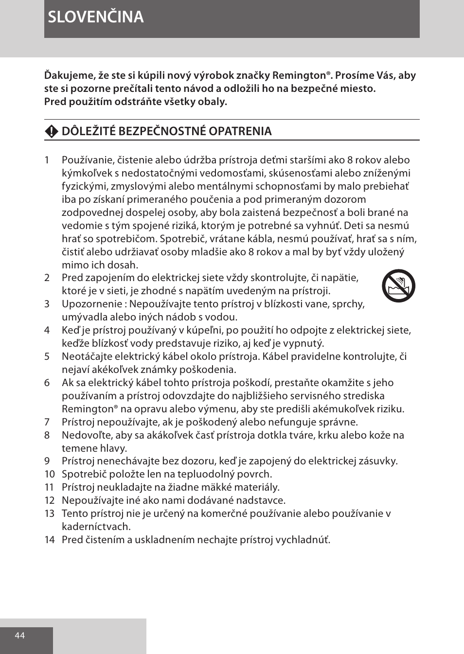 Slovenčina | Remington S9600 User Manual | Page 44 / 92