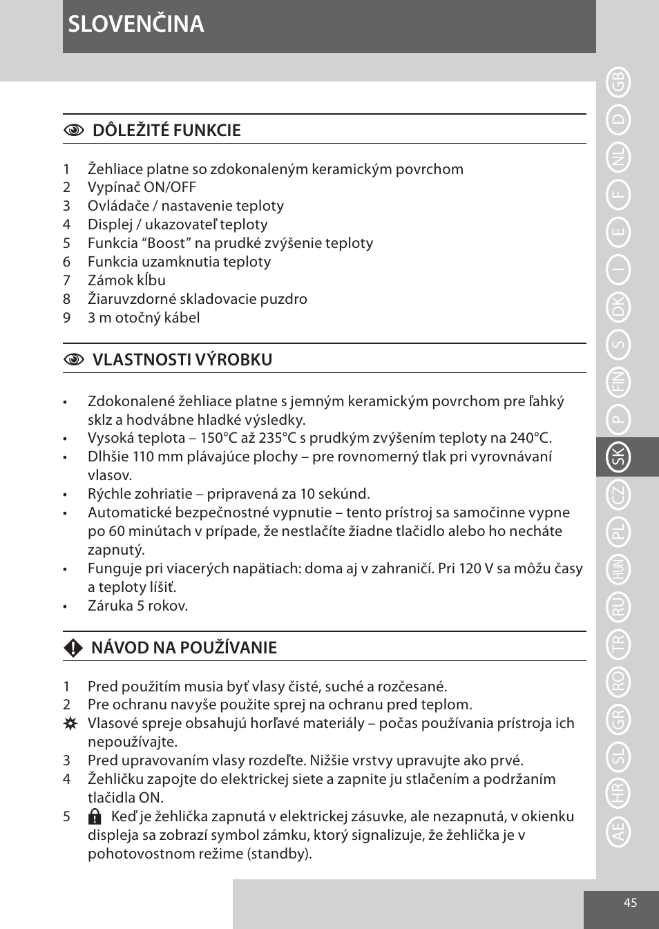 Slovenčina | Remington S9600 User Manual | Page 45 / 92