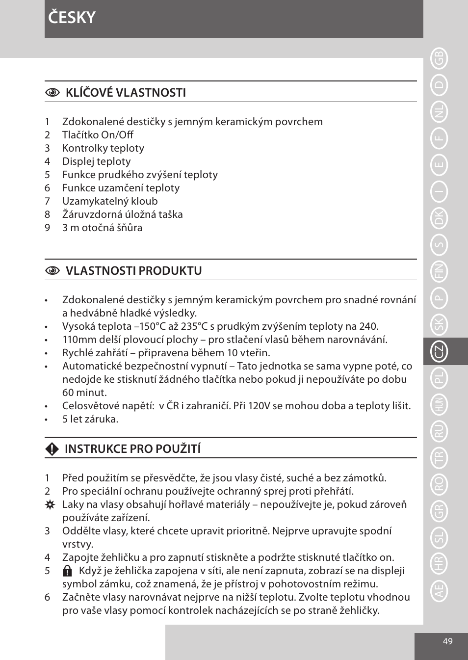 Česky | Remington S9600 User Manual | Page 49 / 92