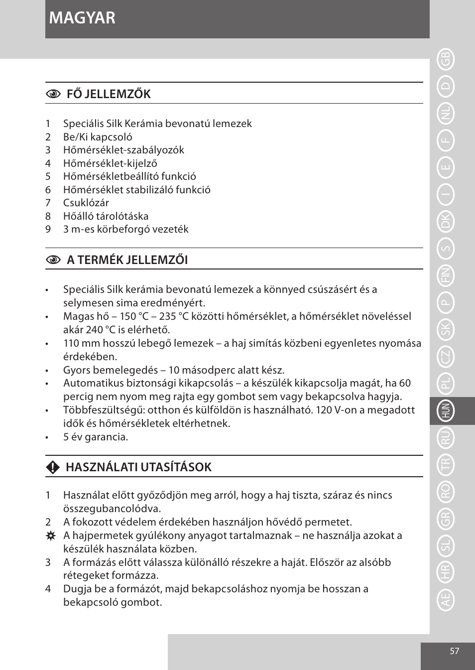 Magyar | Remington S9600 User Manual | Page 57 / 92