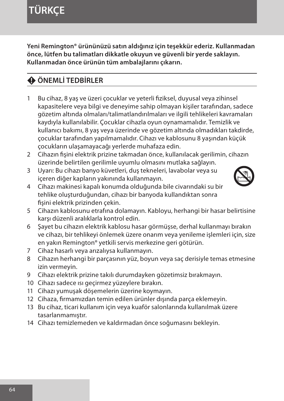 Türkçe | Remington S9600 User Manual | Page 64 / 92