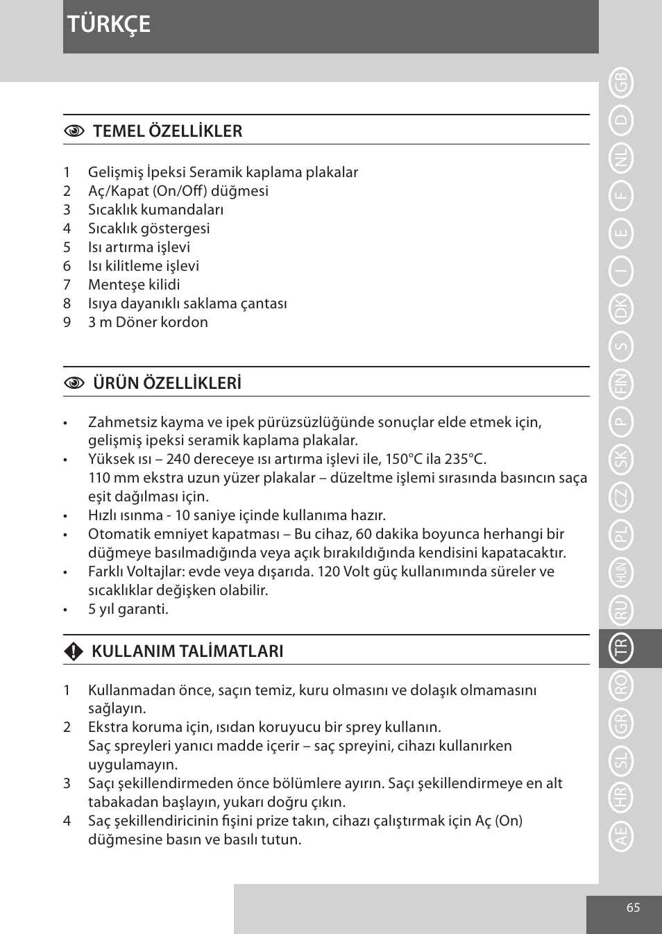 Türkçe | Remington S9600 User Manual | Page 65 / 92