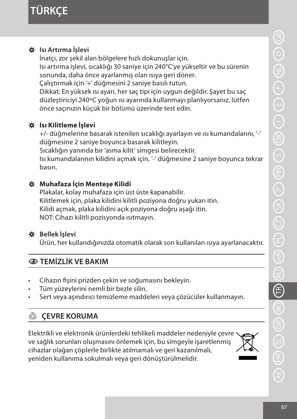 Türkçe | Remington S9600 User Manual | Page 67 / 92