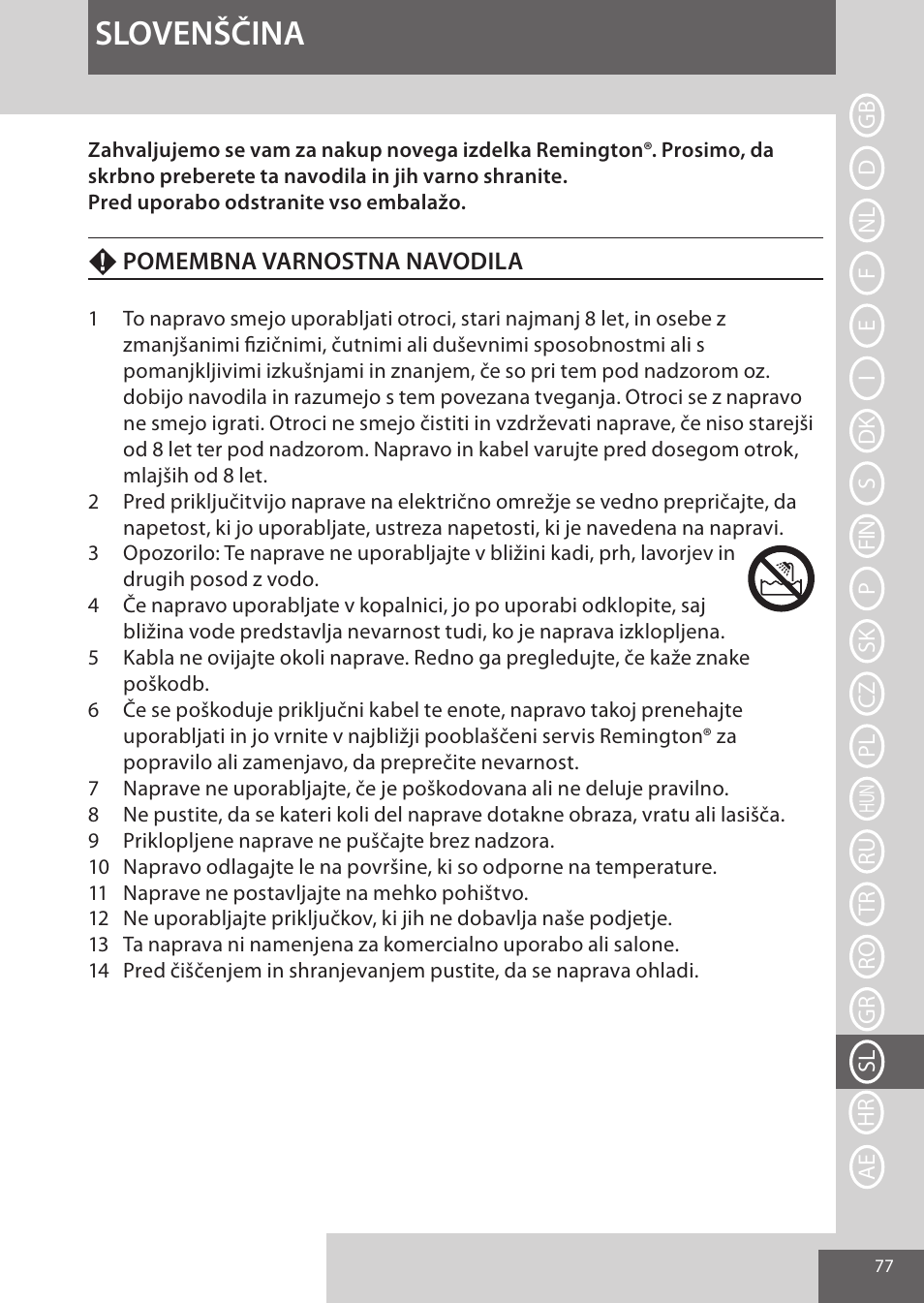 Slovenščina | Remington S9600 User Manual | Page 77 / 92