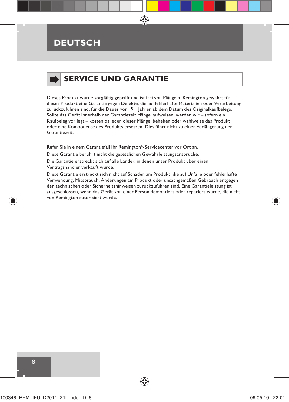 Deutsch, Service und garantie | Remington D2011 User Manual | Page 10 / 86