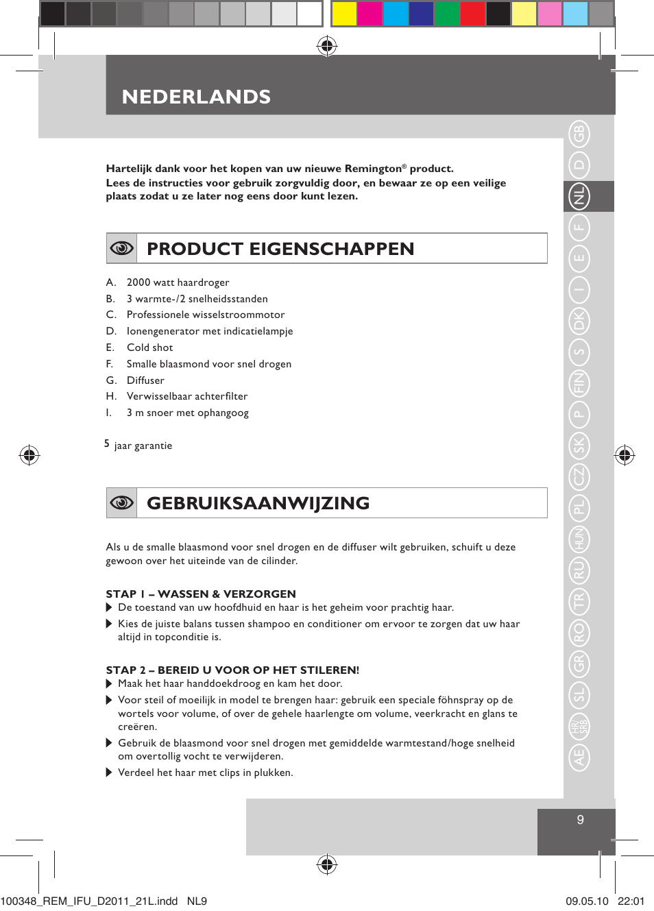 Nederlands, Product eigenschappen, Gebruiksaanwijzing | Remington D2011 User Manual | Page 11 / 86