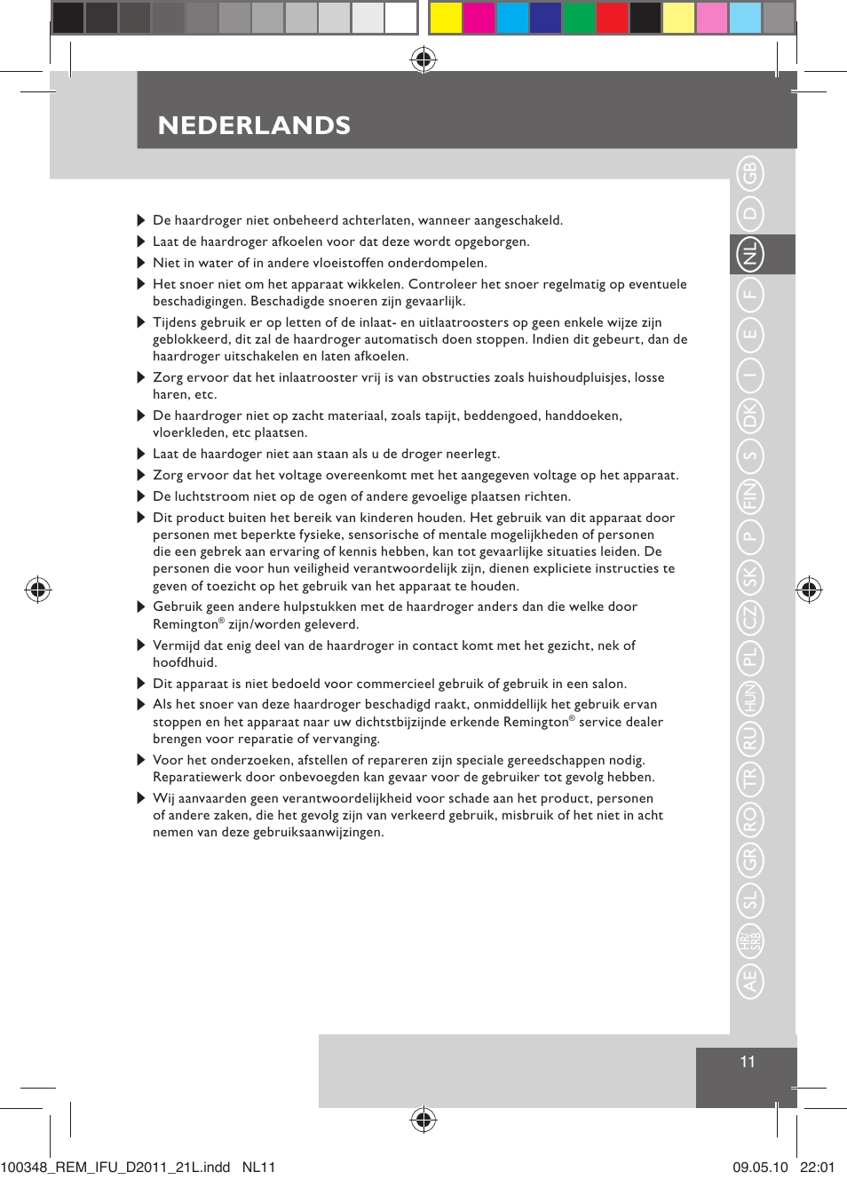 Nederlands | Remington D2011 User Manual | Page 13 / 86