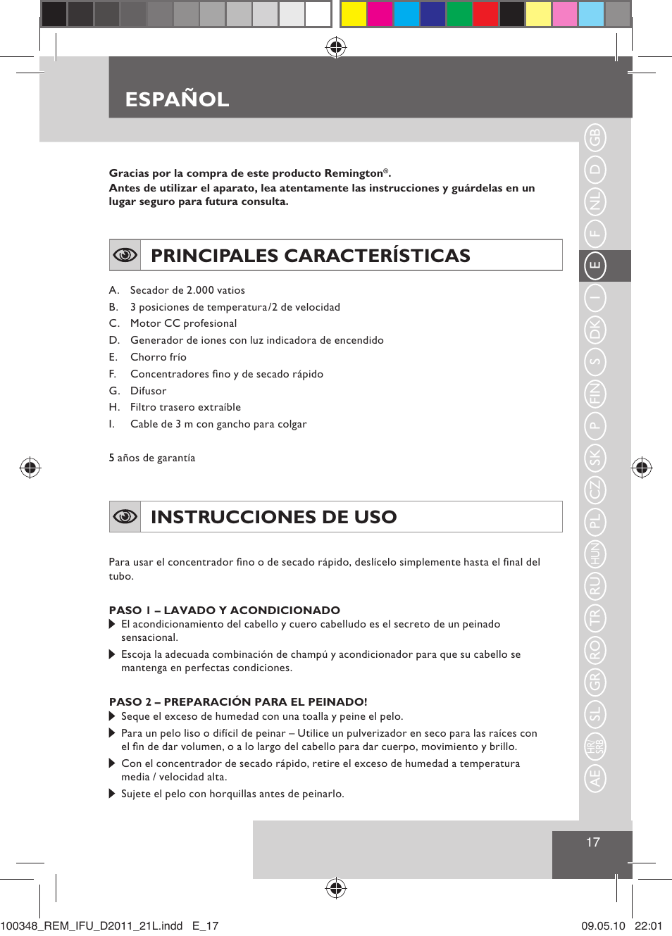 Español, Principales características, Instrucciones de uso | Remington D2011 User Manual | Page 19 / 86