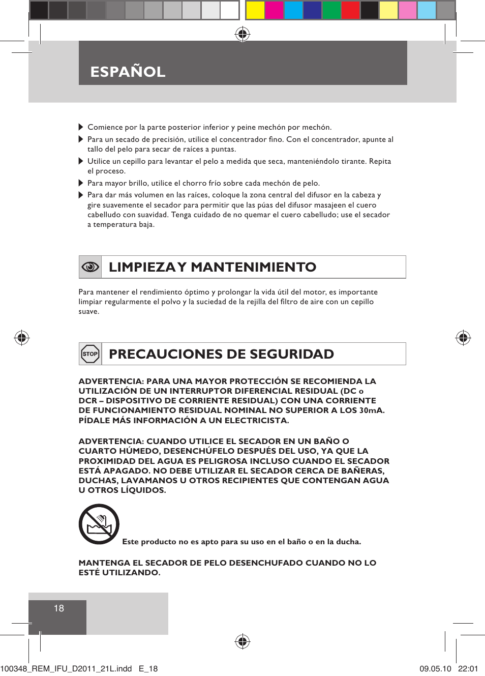 Español, Limpieza y mantenimiento, Precauciones de seguridad | Remington D2011 User Manual | Page 20 / 86