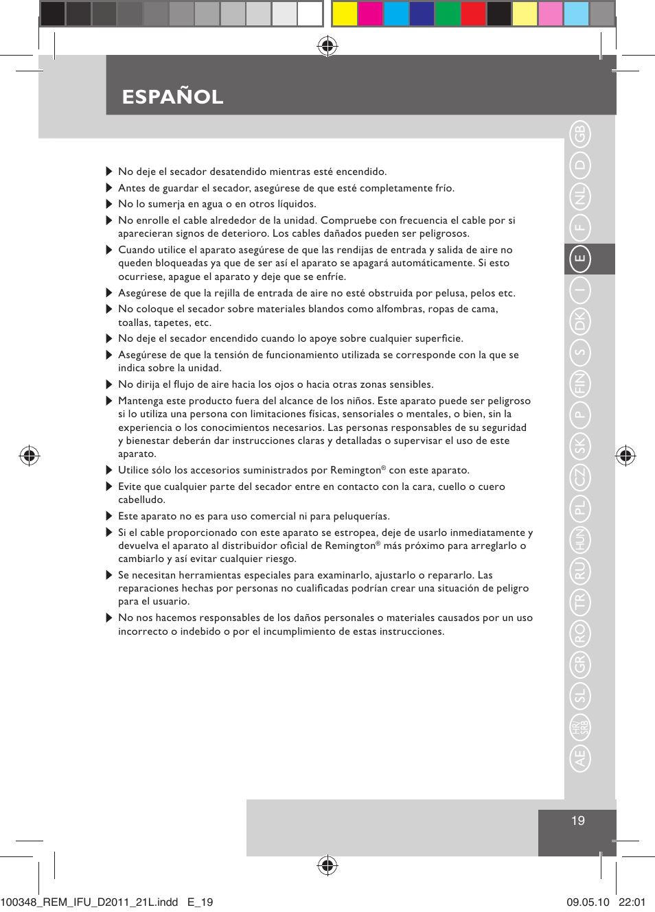 Español | Remington D2011 User Manual | Page 21 / 86