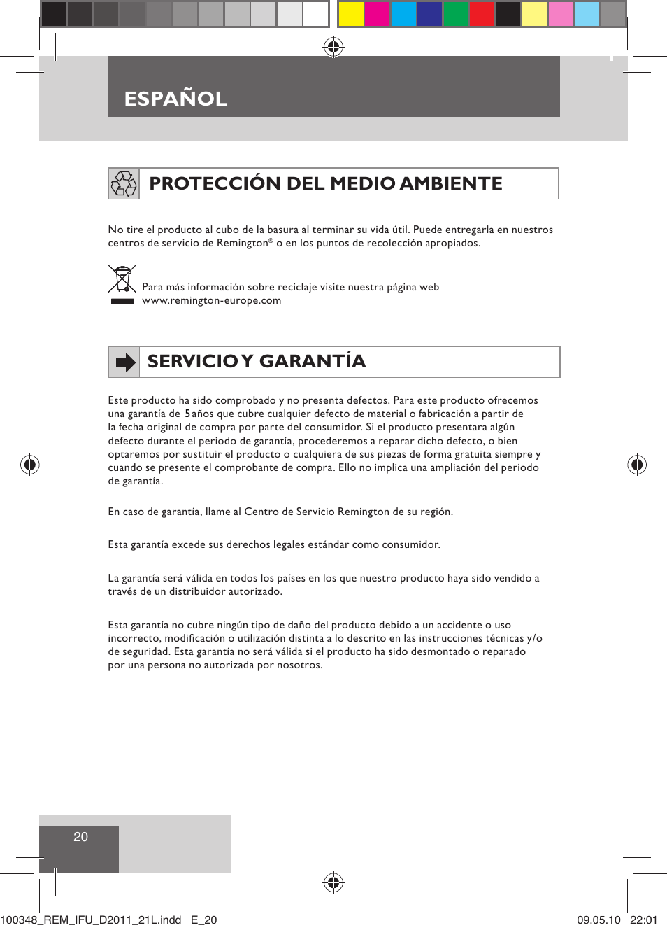 Español, Protección del medio ambiente, Servicio y garantía | Remington D2011 User Manual | Page 22 / 86