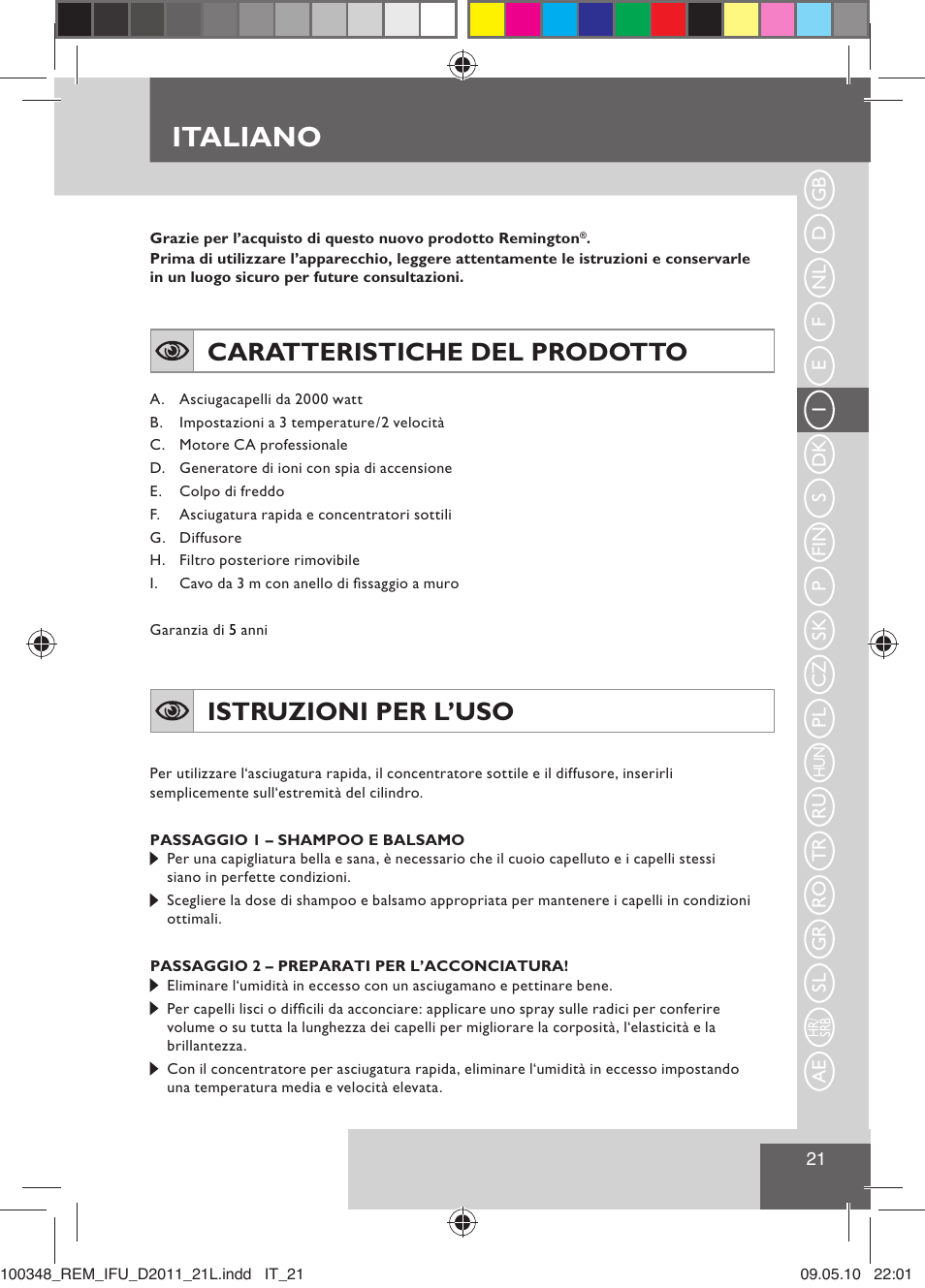 Italiano, Caratteristiche del prodotto, Istruzioni per l’uso | Remington D2011 User Manual | Page 23 / 86