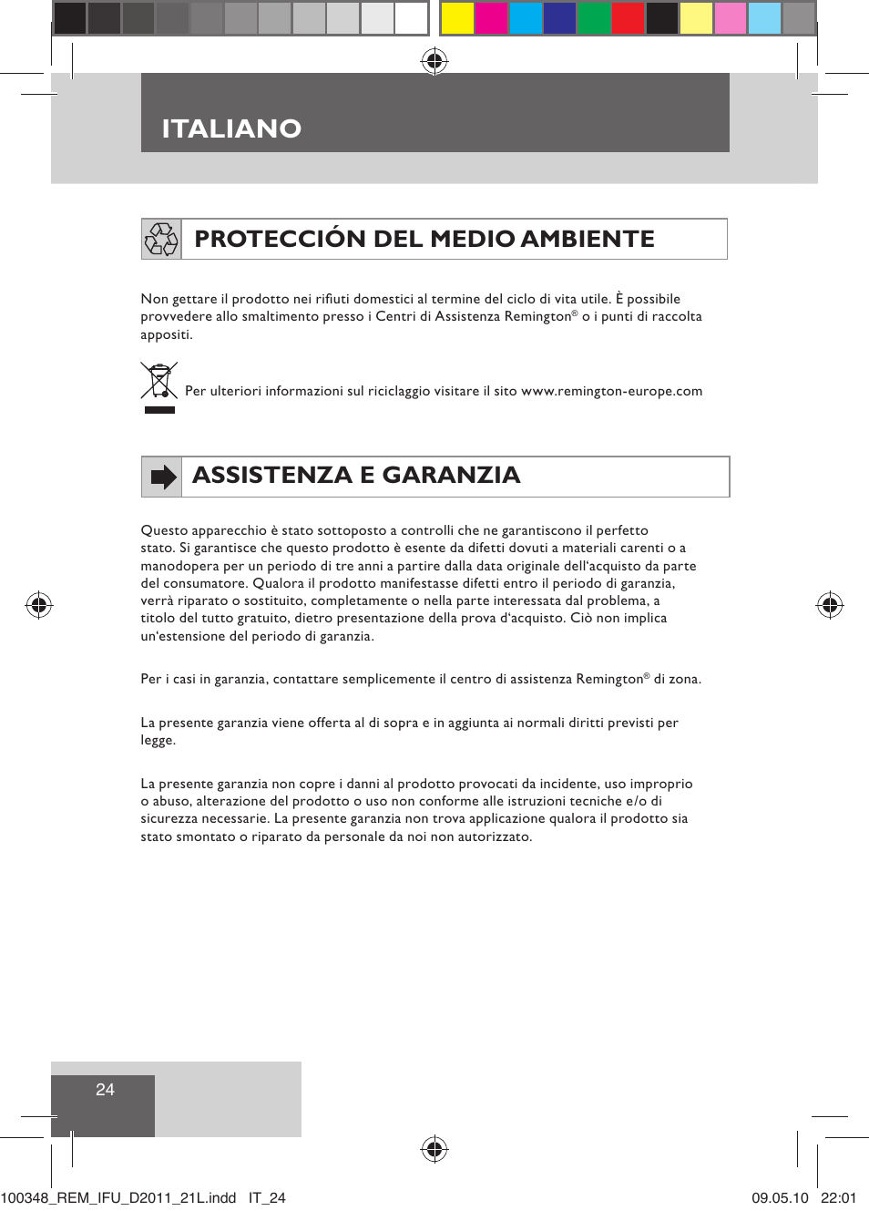 Italiano, Protección del medio ambiente, Assistenza e garanzia | Remington D2011 User Manual | Page 26 / 86
