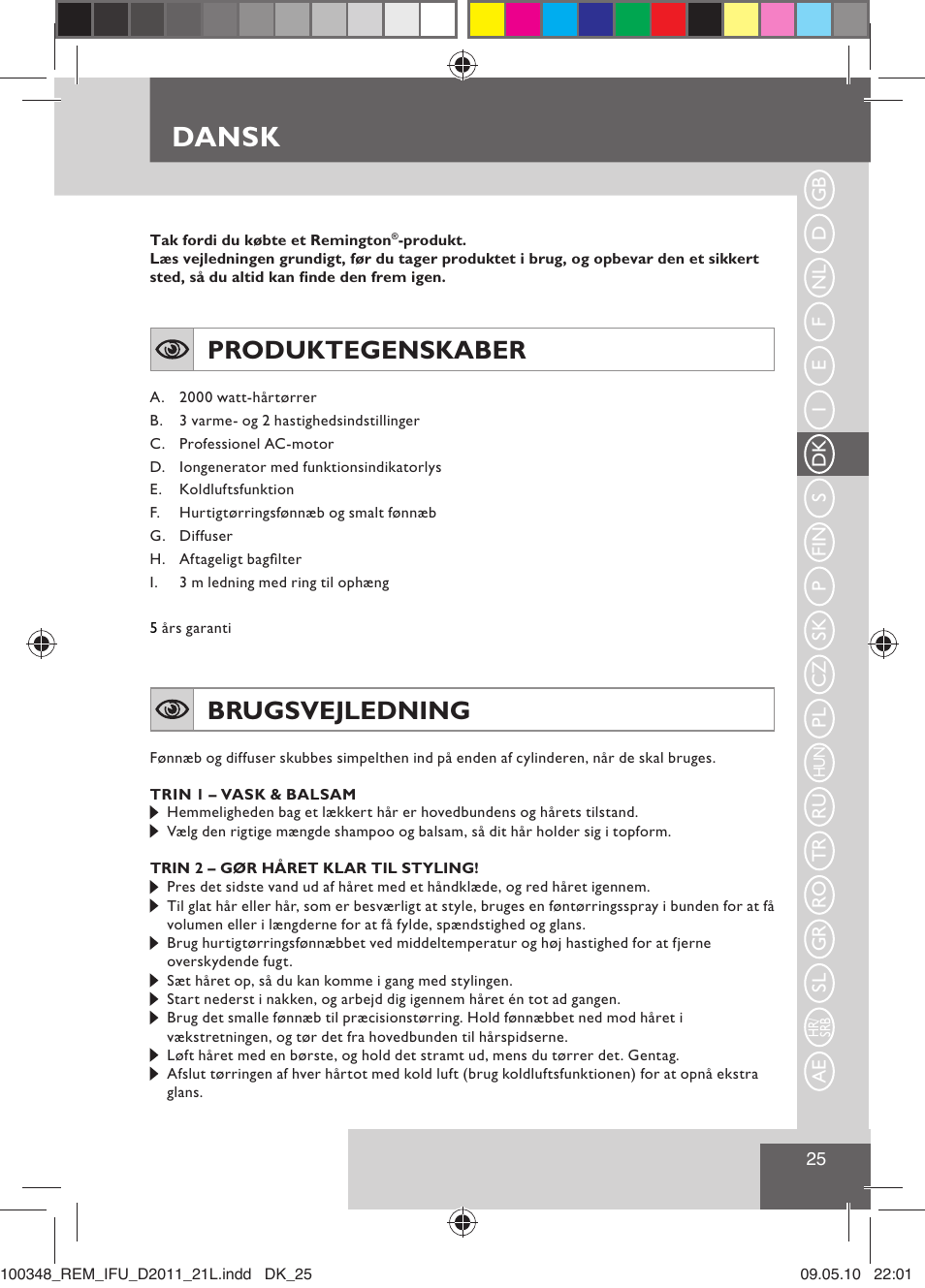 Dansk, Produktegenskaber, Brugsvejledning | Remington D2011 User Manual | Page 27 / 86