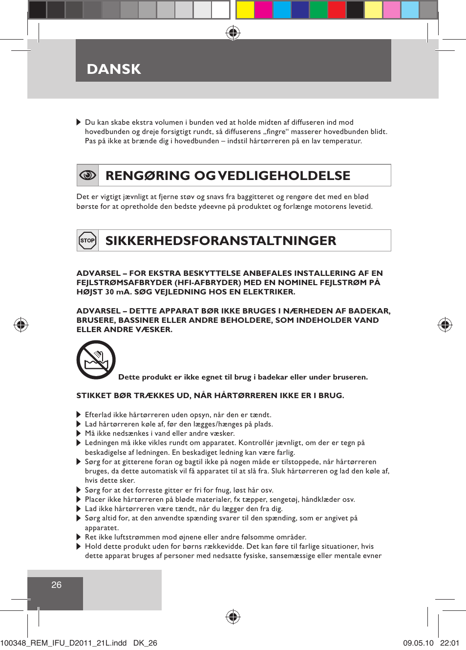 Dansk, Rengøring og vedligeholdelse, Sikkerhedsforanstaltninger | Remington D2011 User Manual | Page 28 / 86