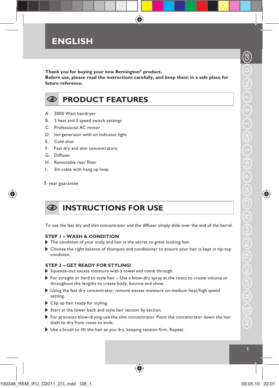 English, Product features, Instructions for use | Remington D2011 User Manual | Page 3 / 86