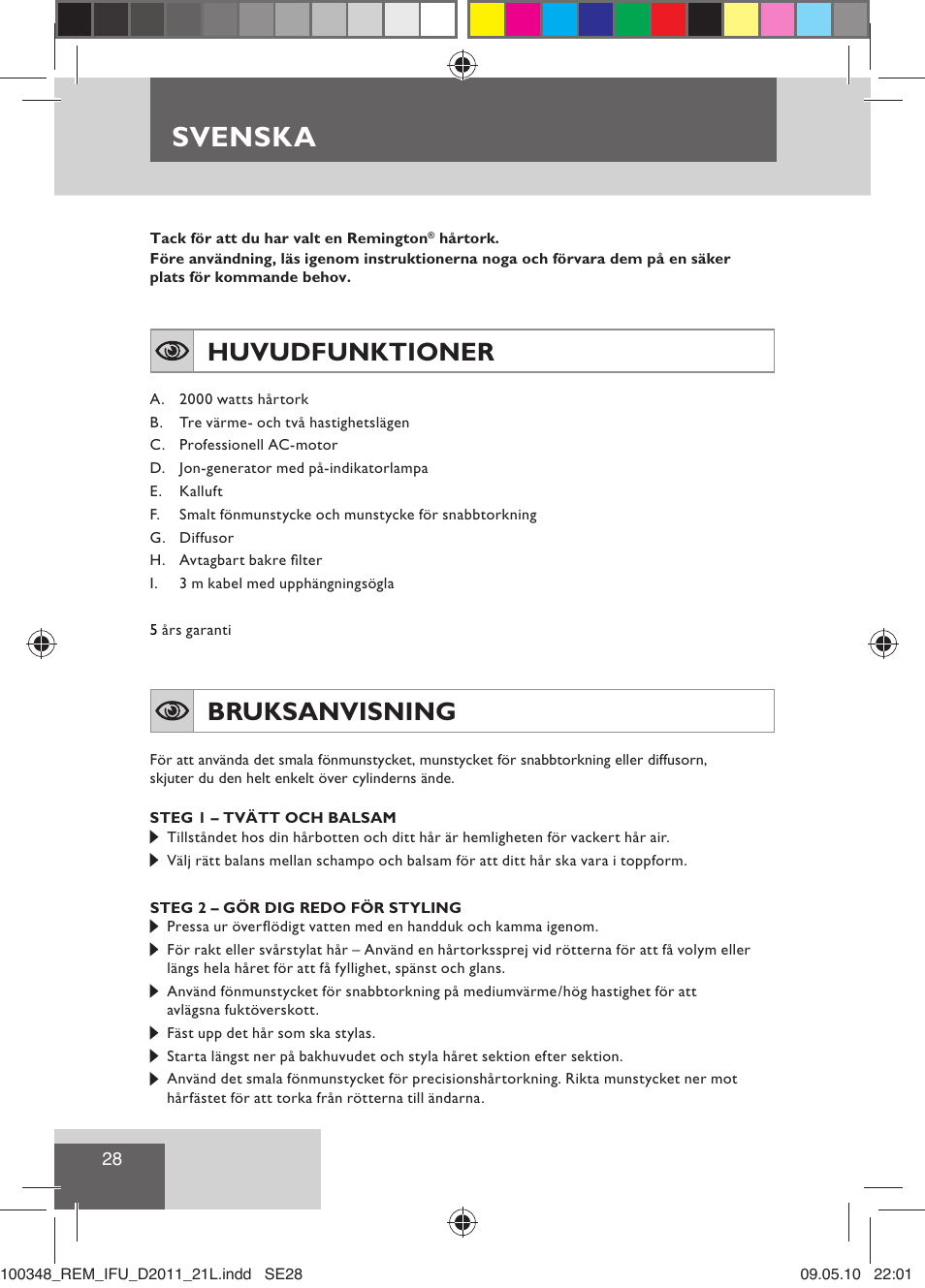 Svenska, Huvudfunktioner, Bruksanvisning | Remington D2011 User Manual | Page 30 / 86