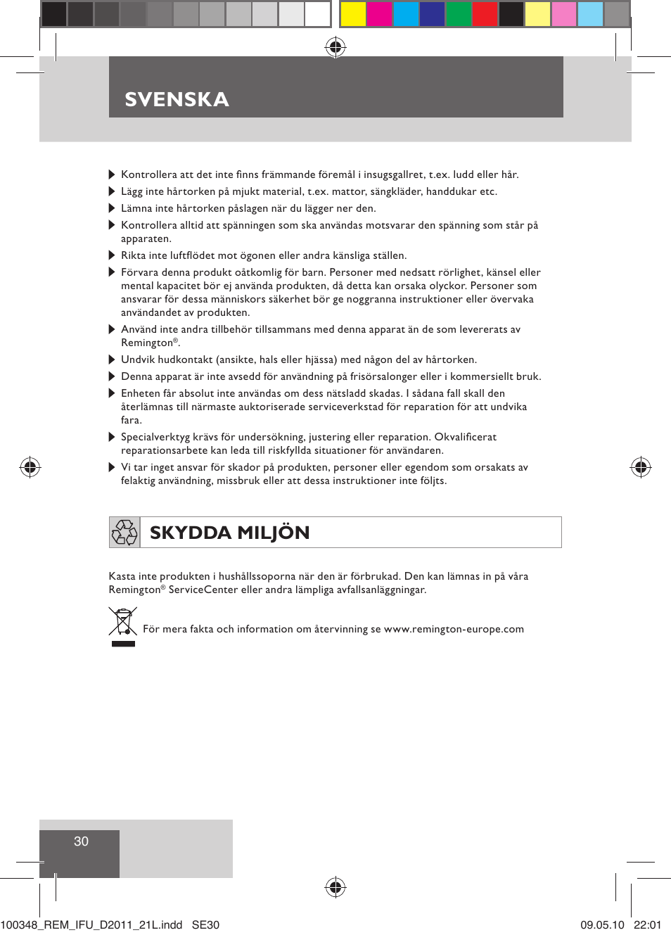 Svenska, Skydda miljön | Remington D2011 User Manual | Page 32 / 86