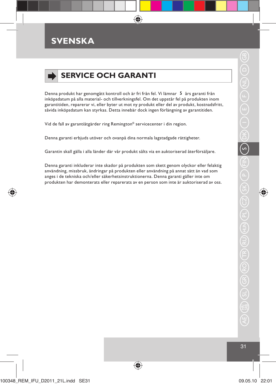 Svenska, Service och garanti | Remington D2011 User Manual | Page 33 / 86