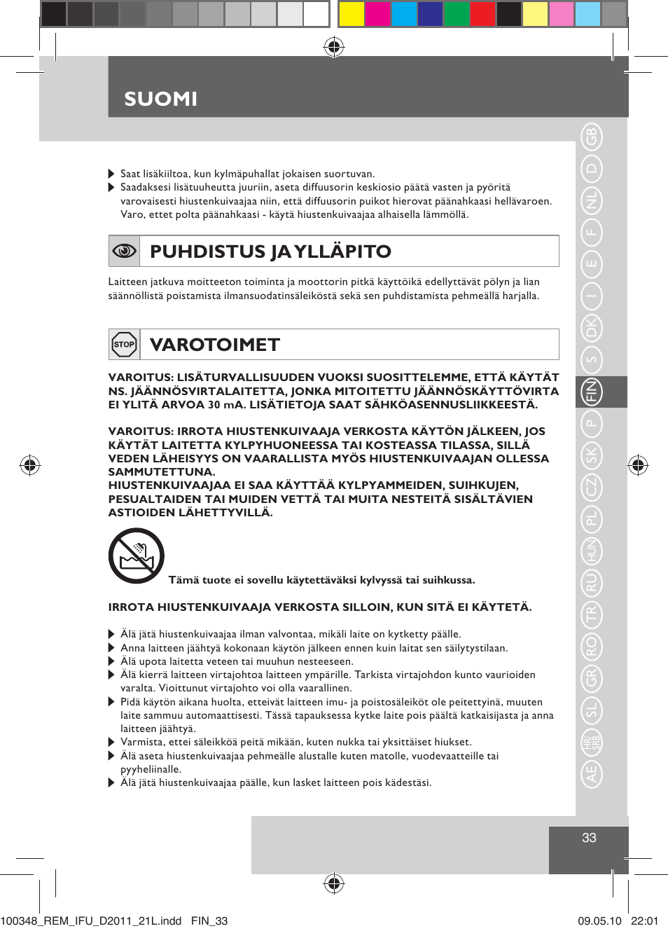 Suomi, Puhdistus ja ylläpito, Varotoimet | Remington D2011 User Manual | Page 35 / 86
