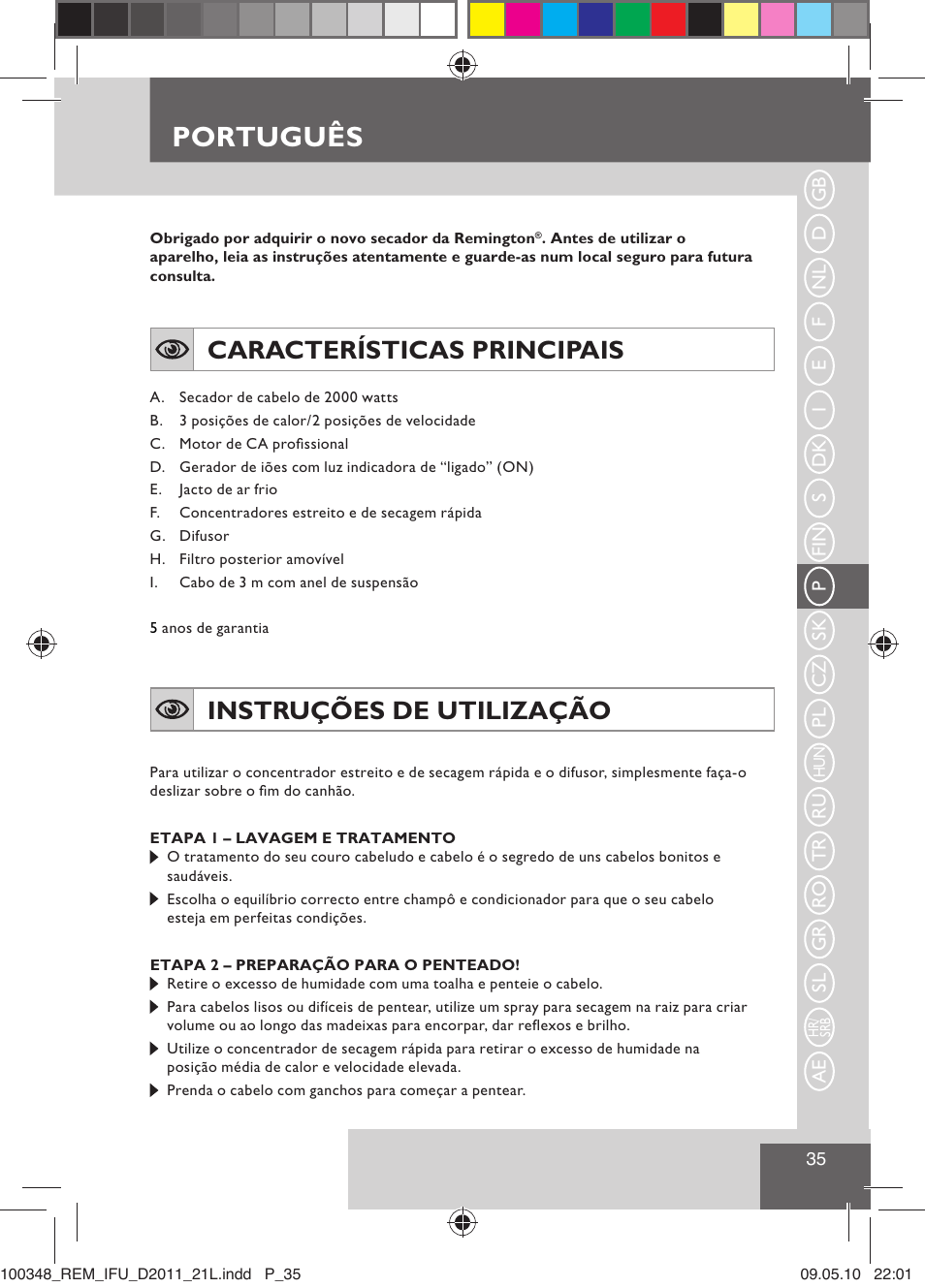 Português, Características principais, Instruções de utilização | Remington D2011 User Manual | Page 37 / 86