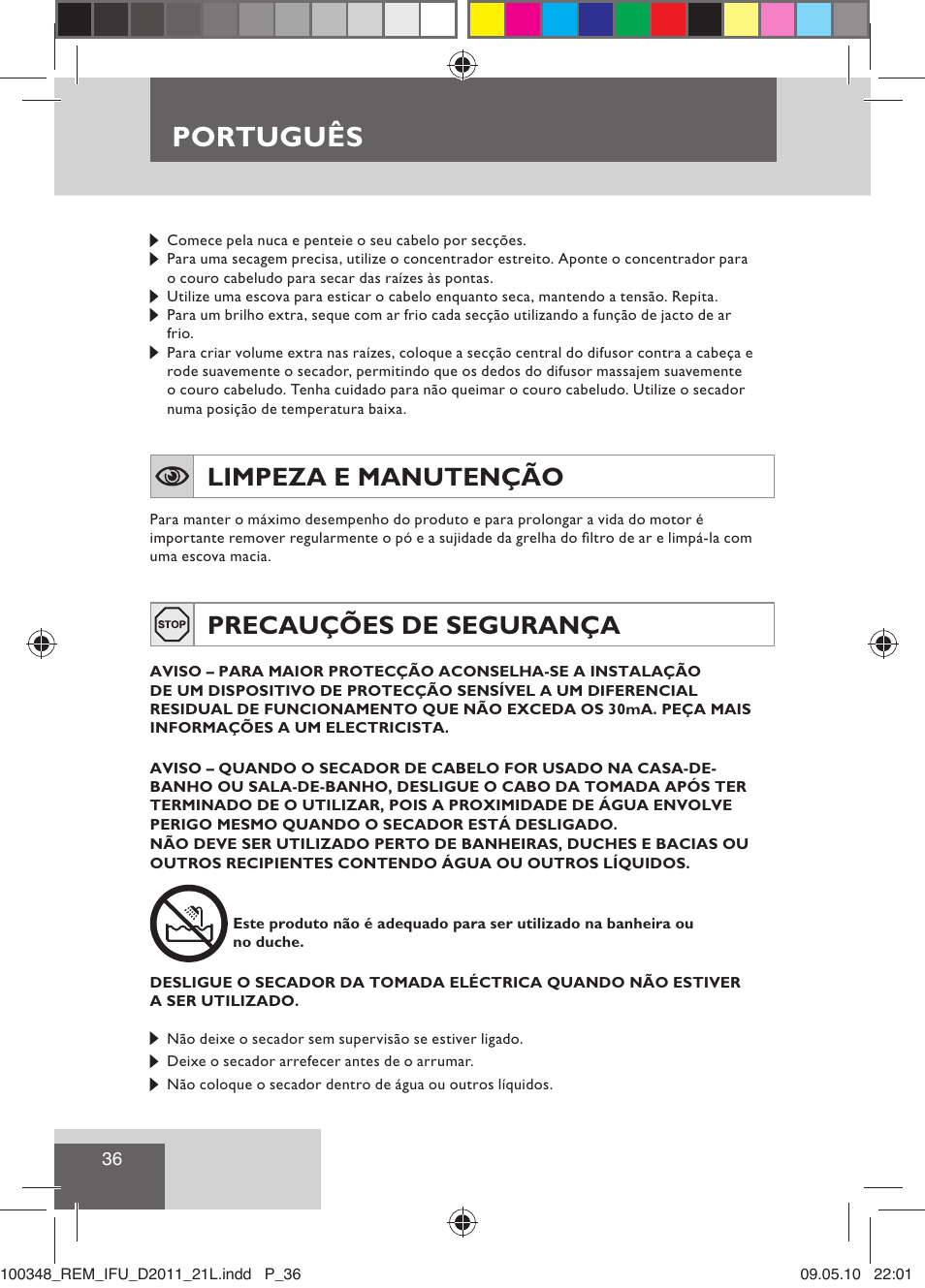 Português, Limpeza e manutenção, Precauções de segurança | Remington D2011 User Manual | Page 38 / 86