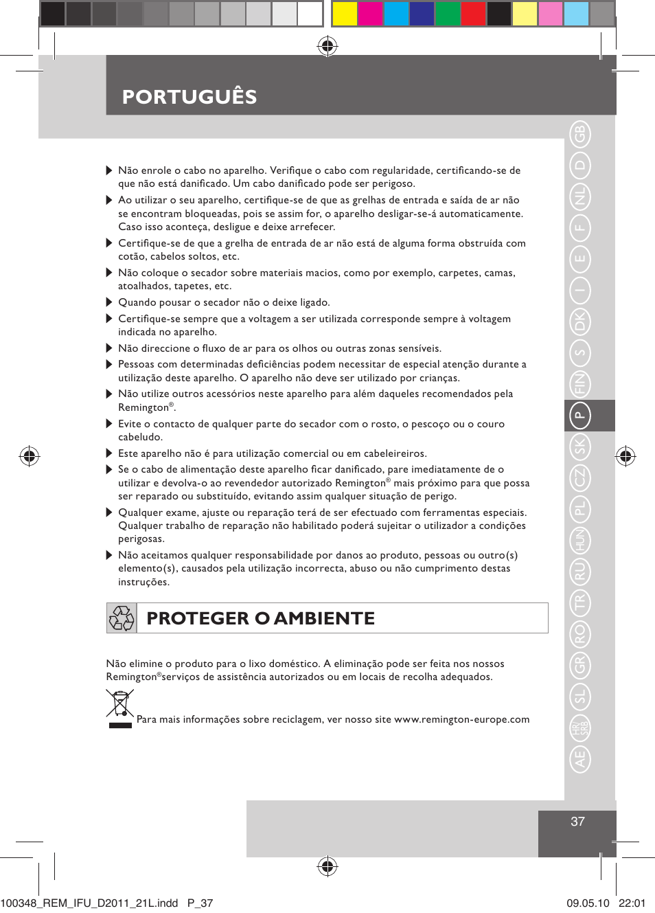 Português, Proteger o ambiente | Remington D2011 User Manual | Page 39 / 86