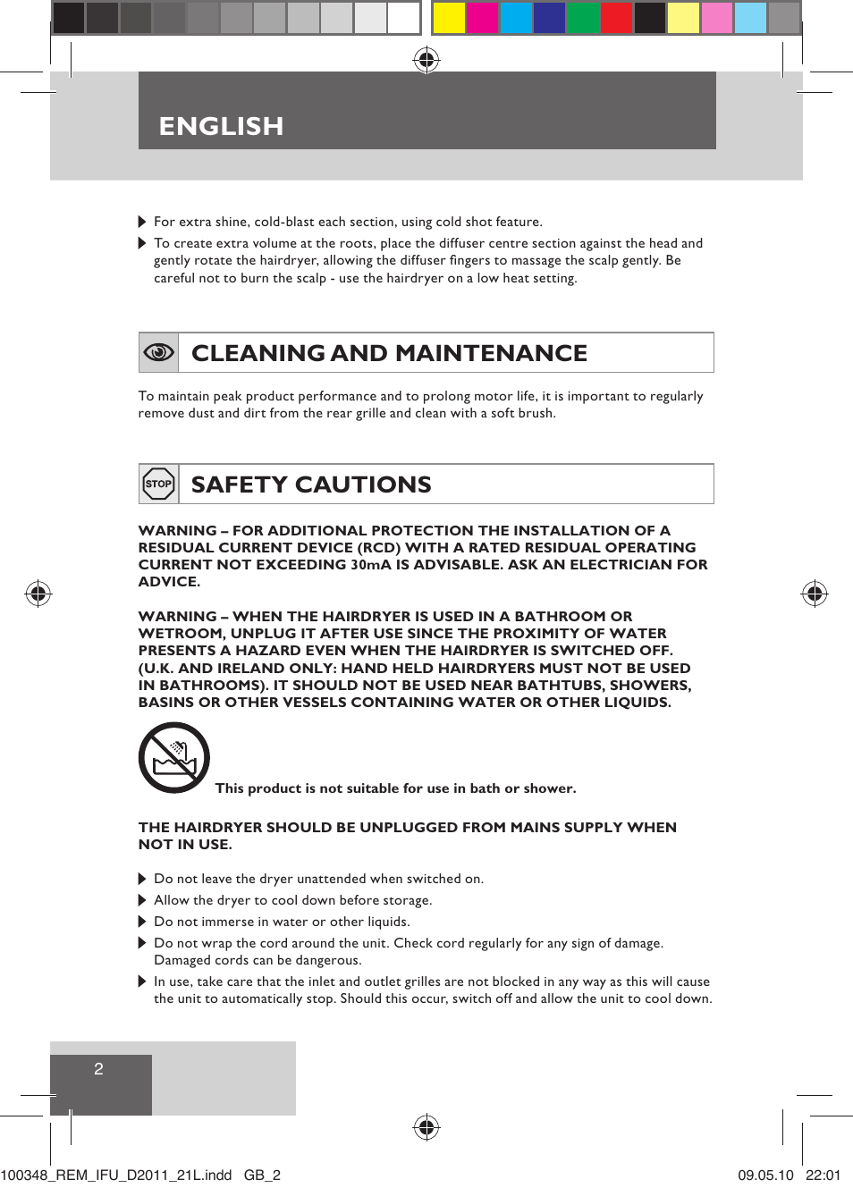 English, Cleaning and maintenance, Safety cautions | Remington D2011 User Manual | Page 4 / 86