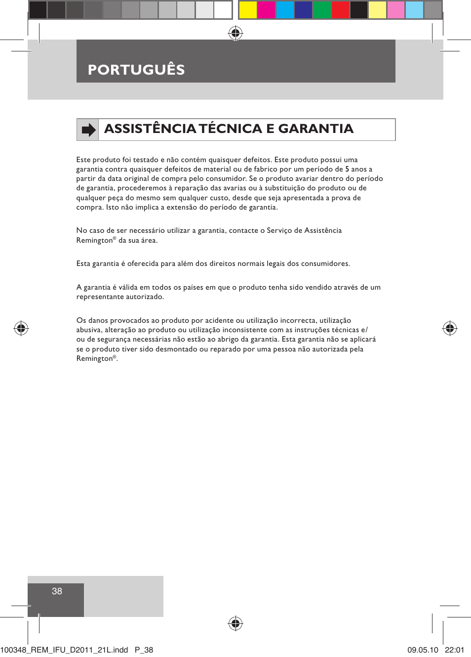 Português, Assistência técnica e garantia | Remington D2011 User Manual | Page 40 / 86