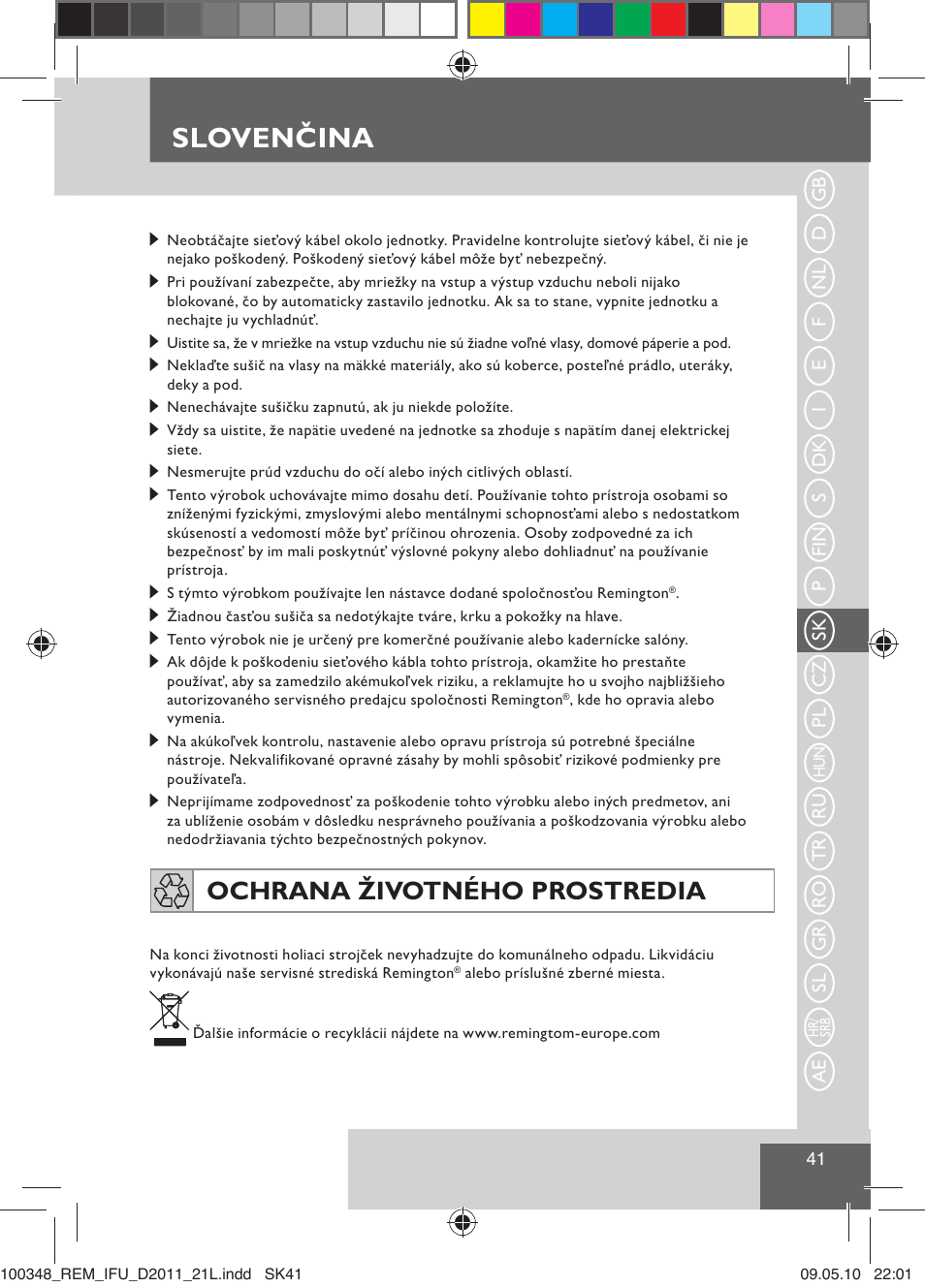 Slovenčina, Ochrana životného prostredia | Remington D2011 User Manual | Page 43 / 86