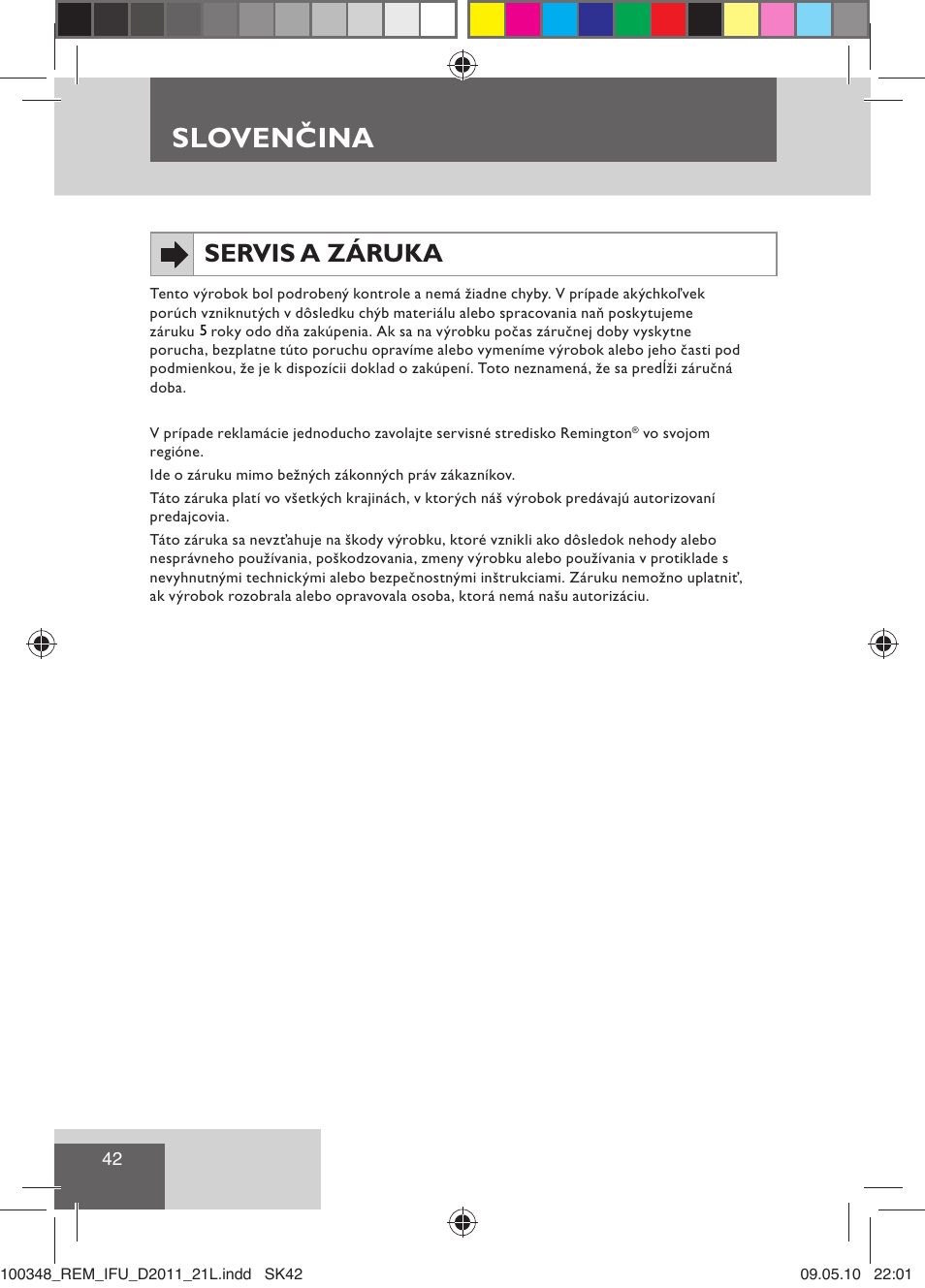 Slovenčina, Servis a záruka | Remington D2011 User Manual | Page 44 / 86