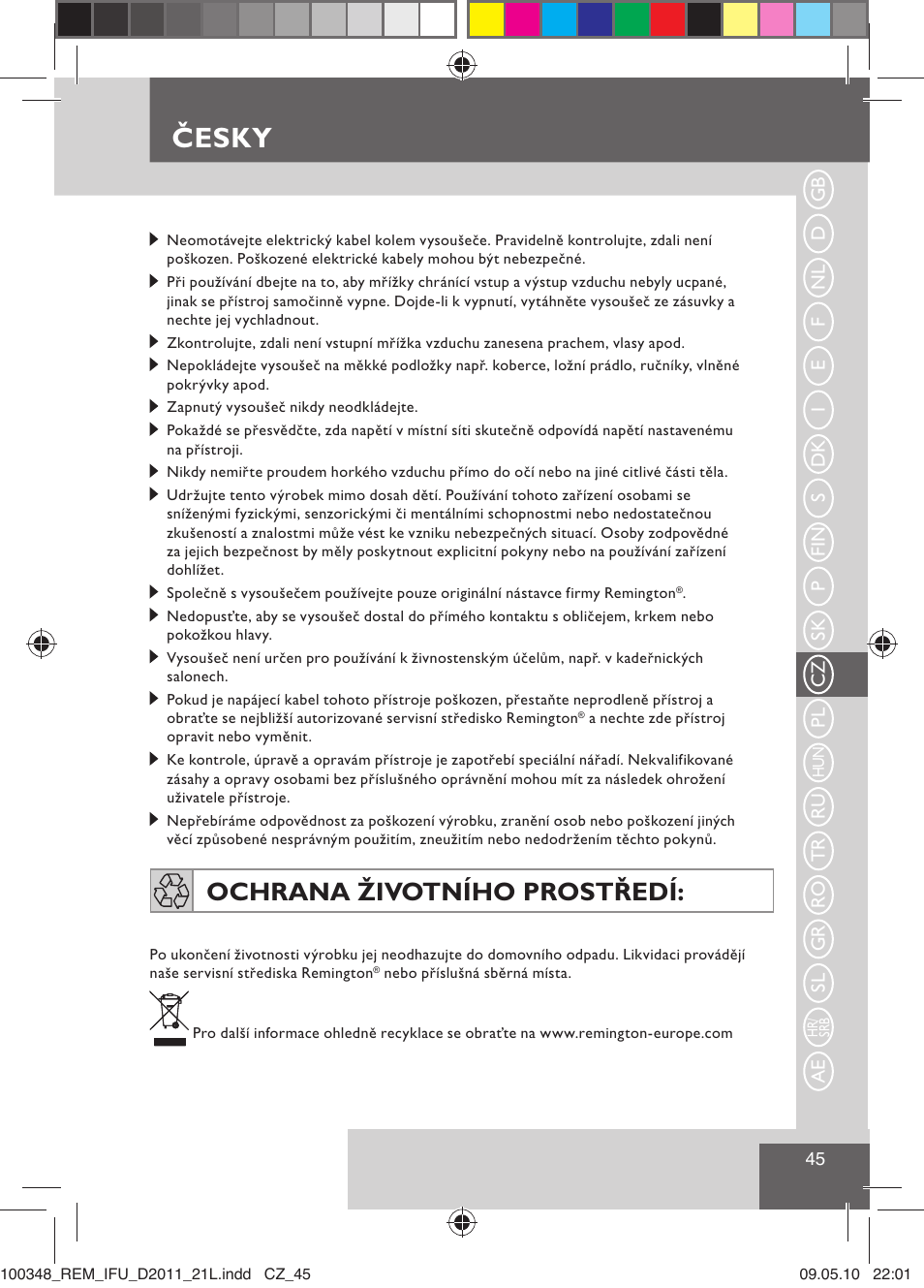 Česky, Ochrana životního prostředí | Remington D2011 User Manual | Page 47 / 86