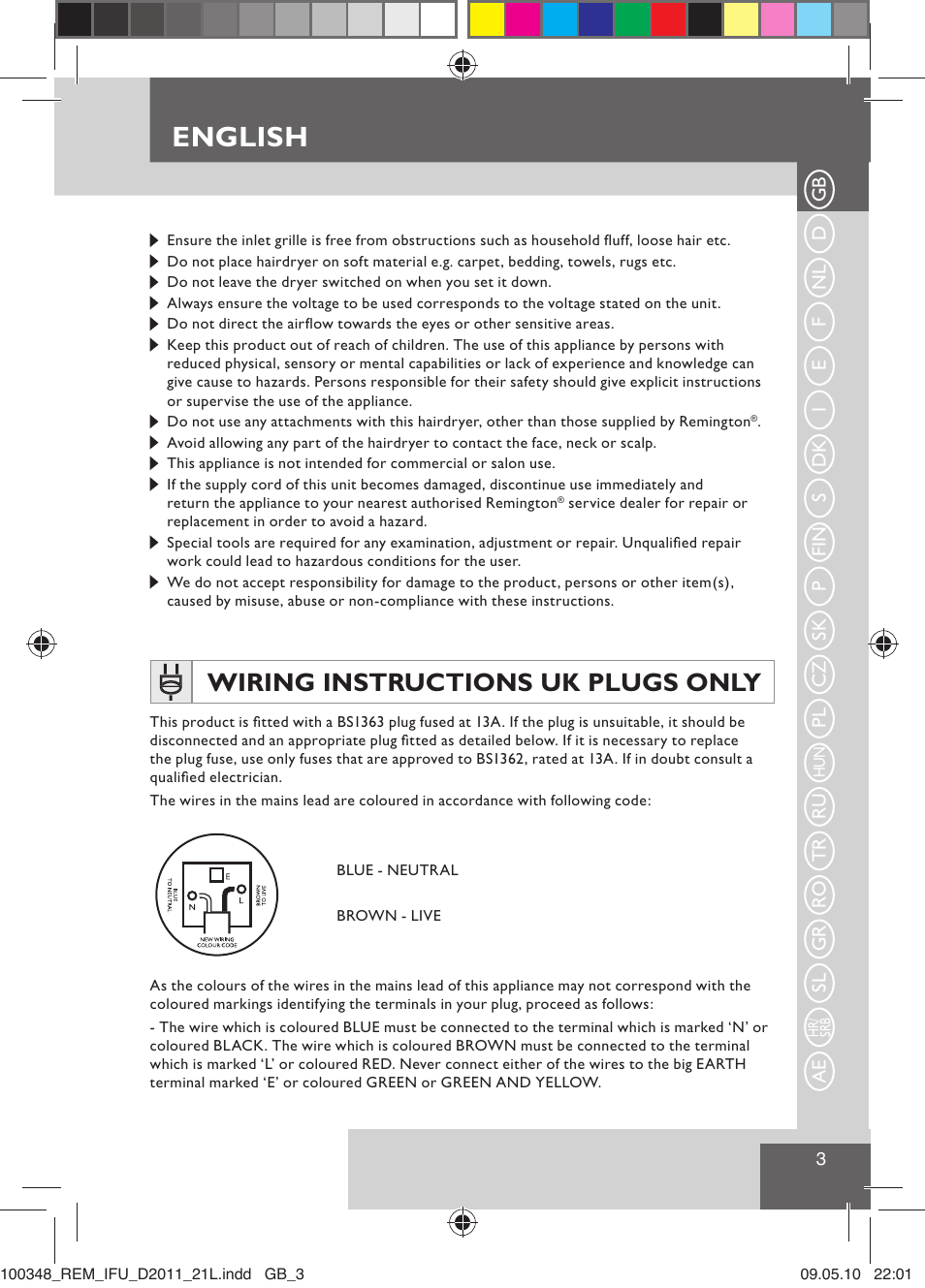 English, Wiring instructions uk plugs only | Remington D2011 User Manual | Page 5 / 86