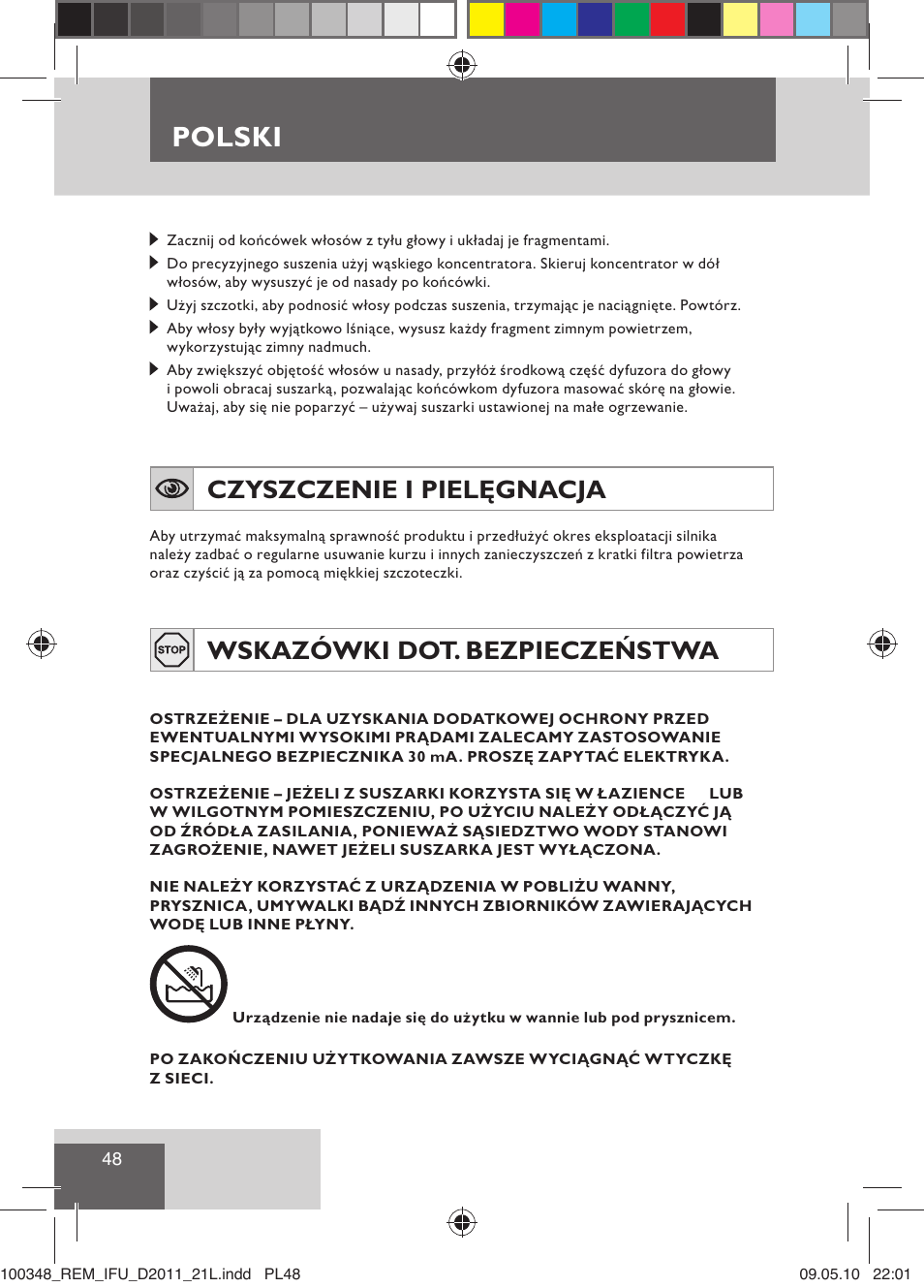 Polski, Czyszczenie i pielęgnacja, Wskazówki dot. bezpieczeństwa | Remington D2011 User Manual | Page 50 / 86