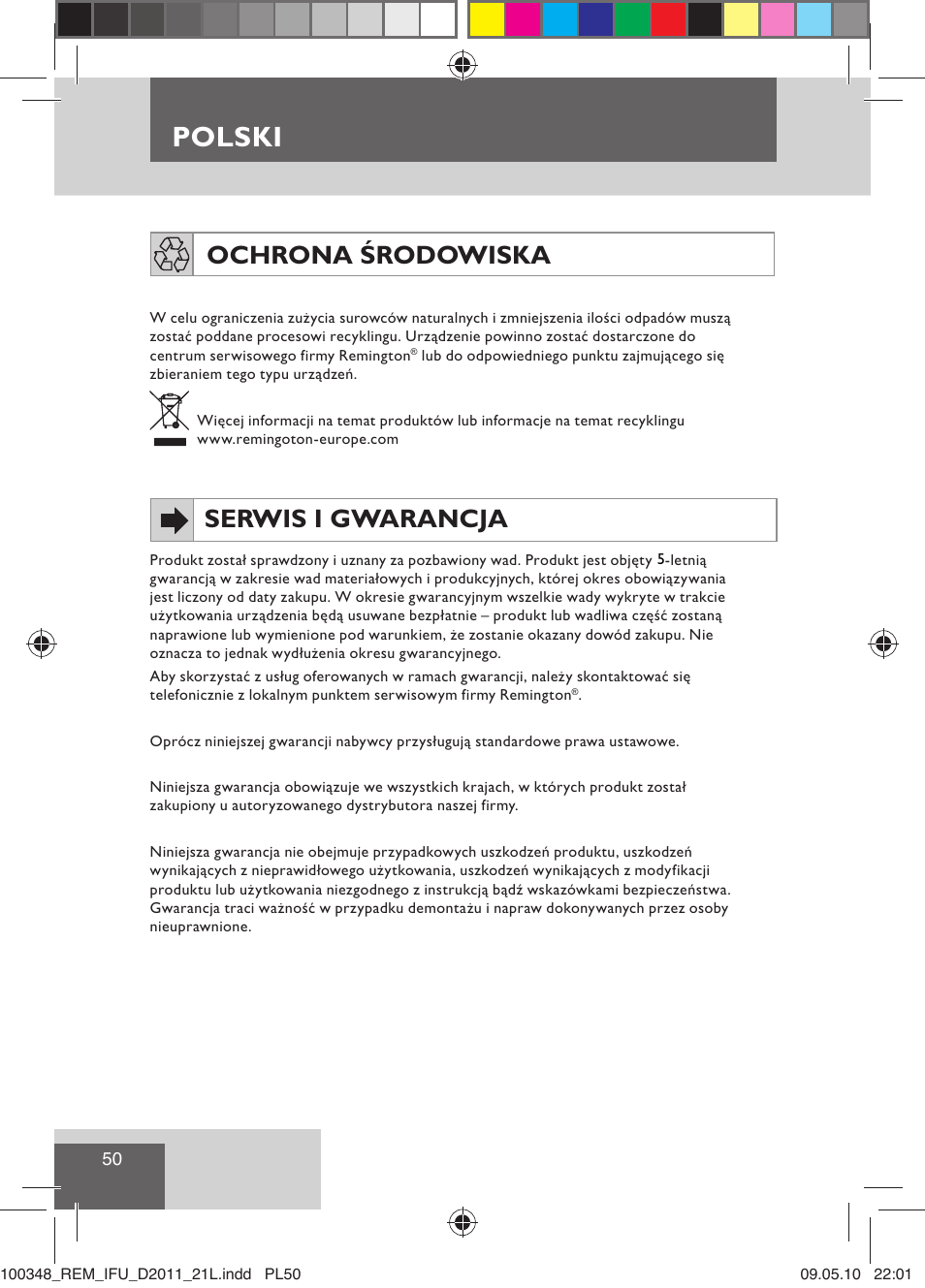 Polski, Ochrona środowiska, Serwis i gwarancja | Remington D2011 User Manual | Page 52 / 86