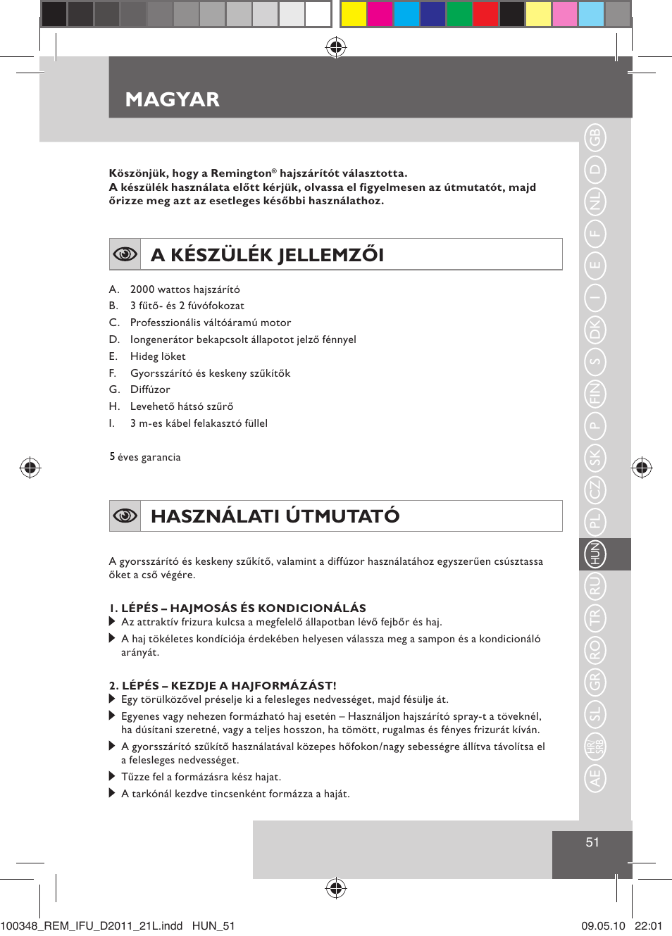 Magyar, A készülék jellemzői, Használati útmutató | Remington D2011 User Manual | Page 53 / 86