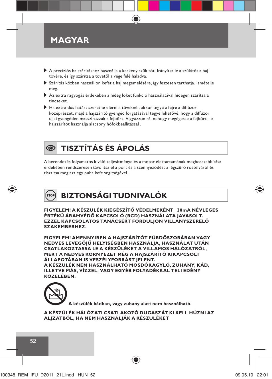 Magyar, Tisztítás és ápolás, Biztonsági tudnivalók | Remington D2011 User Manual | Page 54 / 86