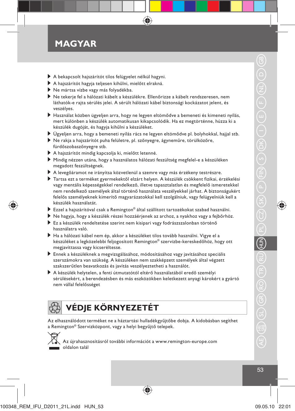Magyar, Védje környezetét | Remington D2011 User Manual | Page 55 / 86
