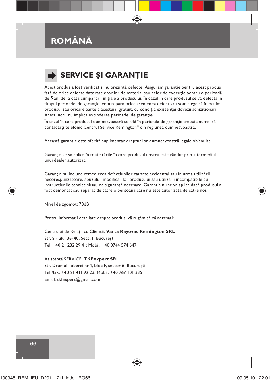 Română, Service şi garanţie | Remington D2011 User Manual | Page 68 / 86