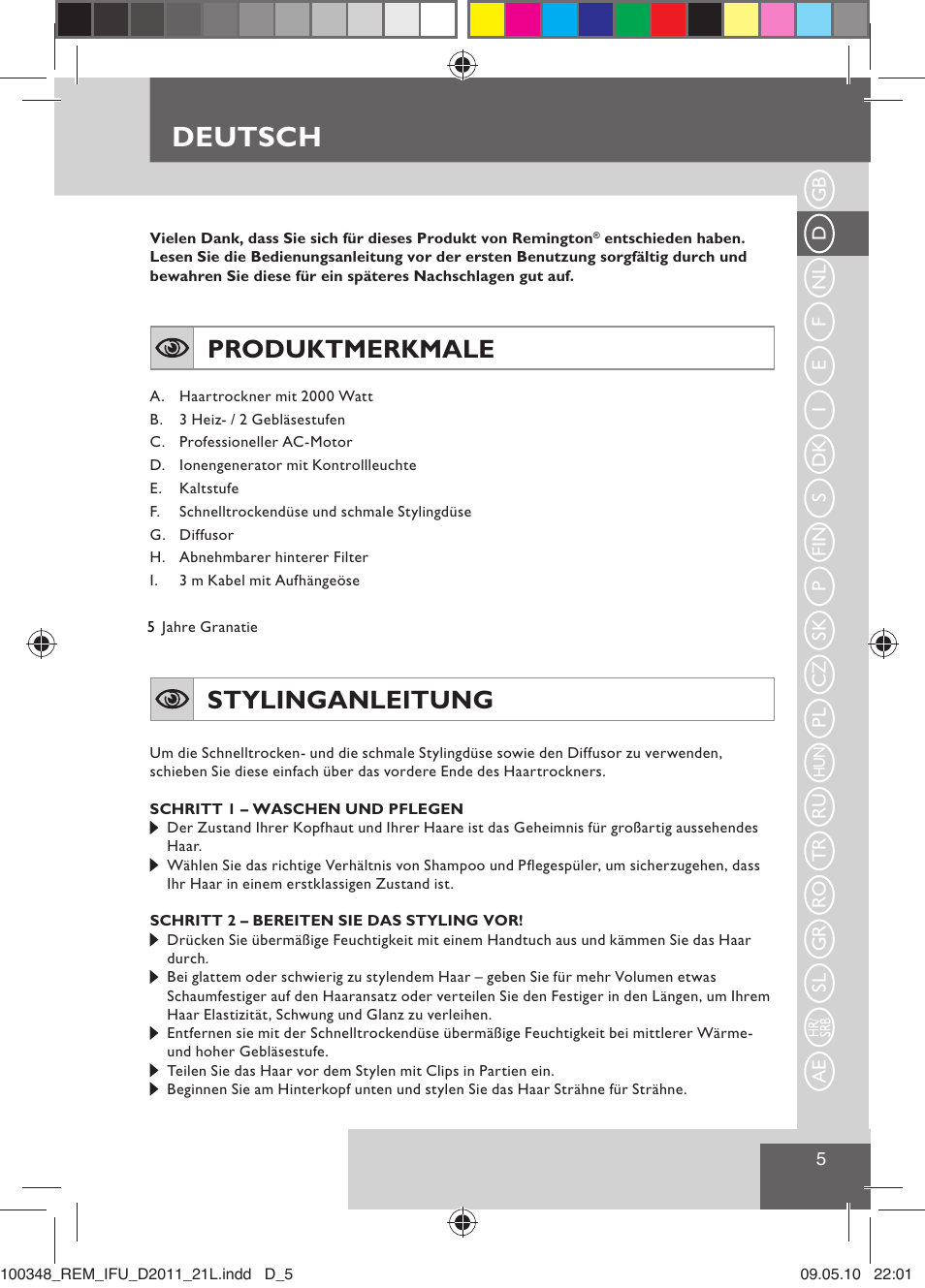 Deutsch, Produktmerkmale, Stylinganleitung | Remington D2011 User Manual | Page 7 / 86