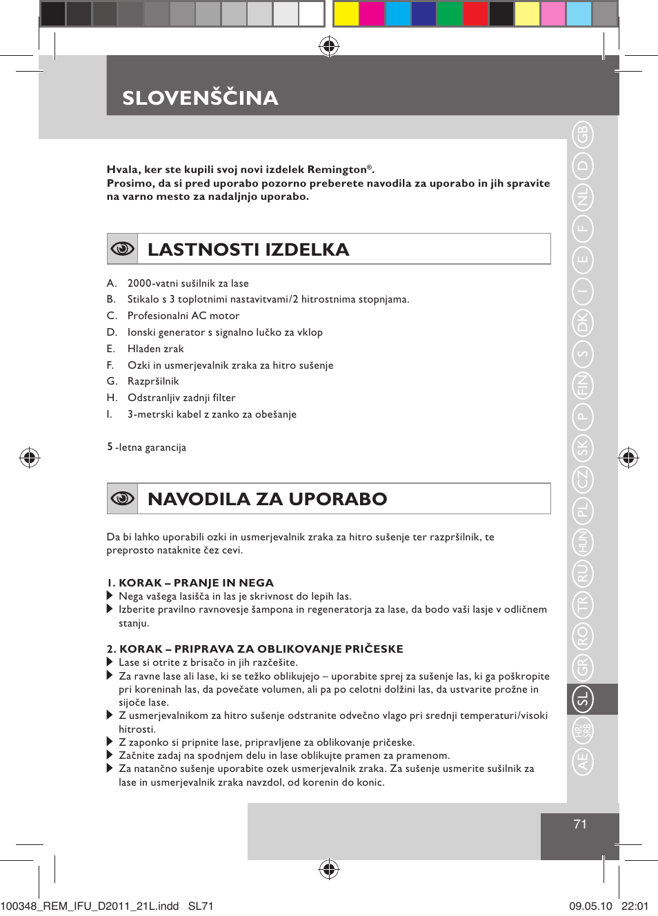 Slovenščina, Lastnosti izdelka, Navodila za uporabo | Remington D2011 User Manual | Page 73 / 86